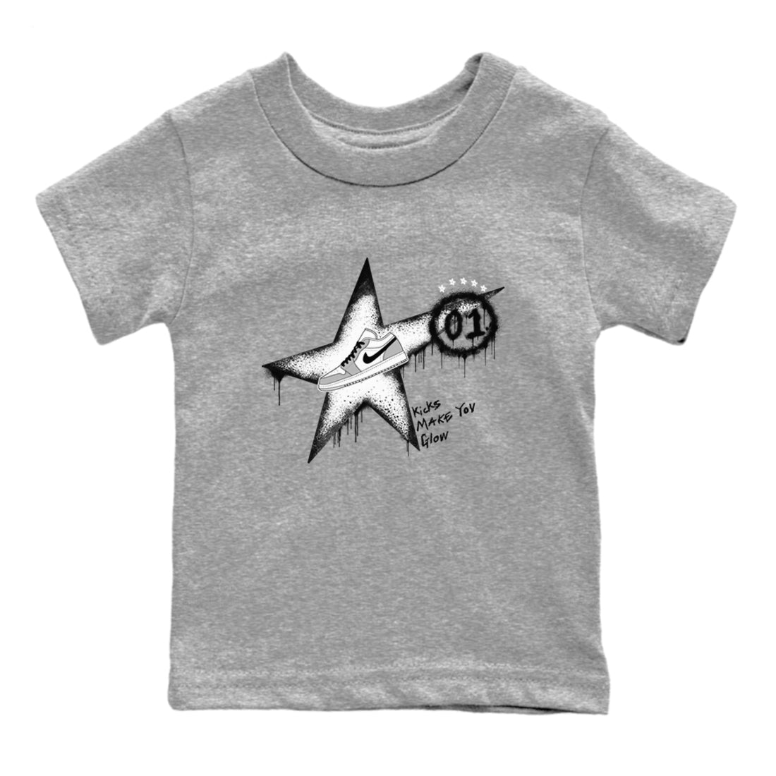 1s Wolf Grey shirts to match jordans Kicks Make You Glow sneaker match tees Air Jordan 1 Wolf Grey SNRT Sneaker Tees streetwear brand Baby and Youth Heather Grey 2 cotton tee