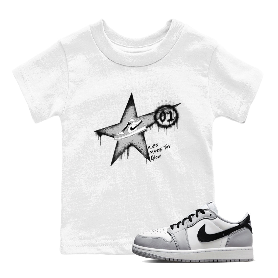 1s Wolf Grey shirts to match jordans Kicks Make You Glow sneaker match tees Air Jordan 1 Wolf Grey SNRT Sneaker Tees streetwear brand Baby and Youth White 1 cotton tee