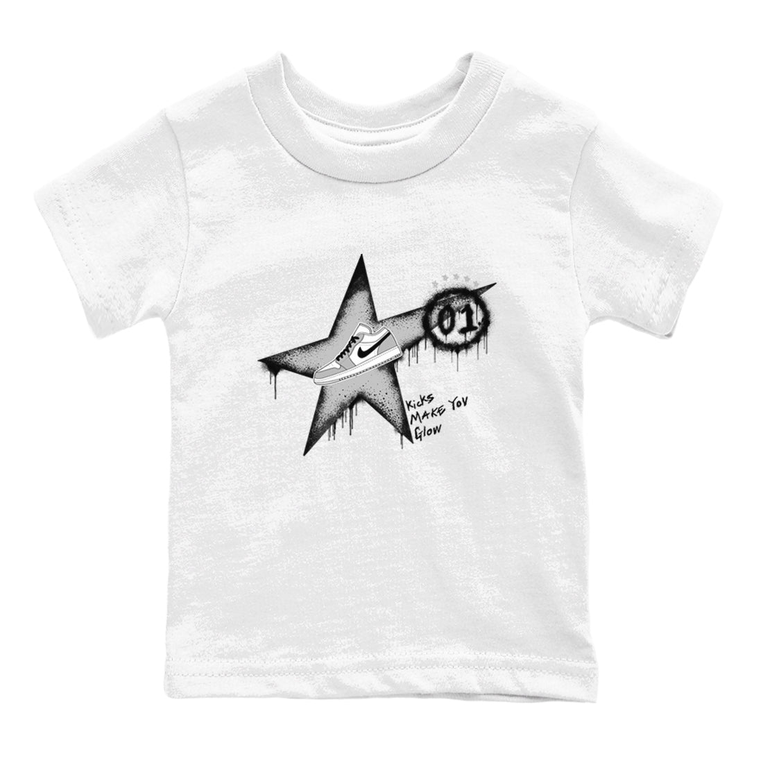 1s Wolf Grey shirts to match jordans Kicks Make You Glow sneaker match tees Air Jordan 1 Wolf Grey SNRT Sneaker Tees streetwear brand Baby and Youth White 2 cotton tee
