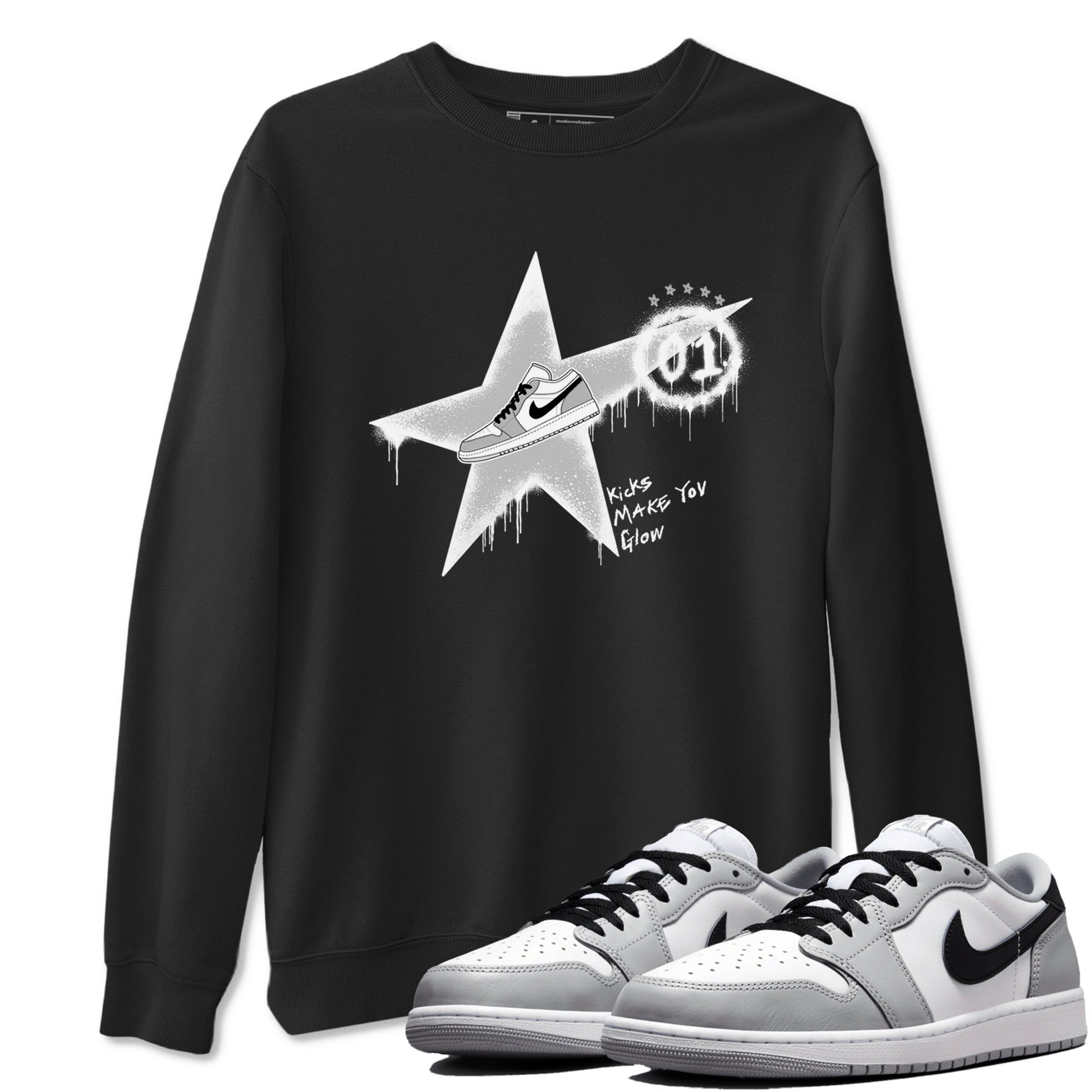 1s Wolf Grey shirts to match jordans Kicks Make You Glow sneaker match tees Air Jordan 1 Wolf Grey SNRT Sneaker Tees streetwear brand Black 1 unisex cotton tee