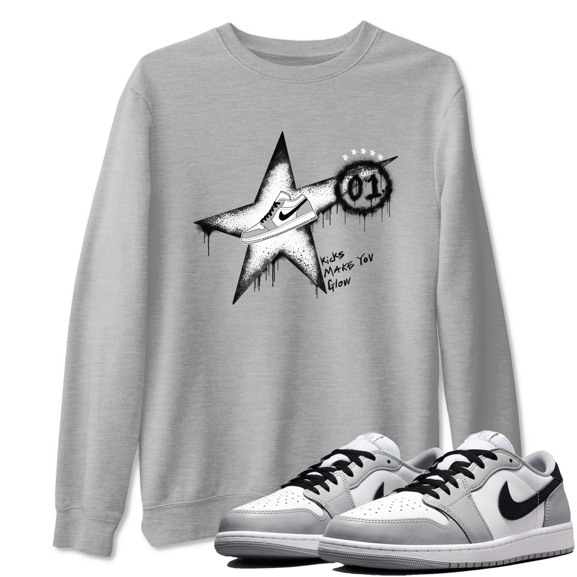 1s Wolf Grey shirts to match jordans Kicks Make You Glow sneaker match tees Air Jordan 1 Wolf Grey SNRT Sneaker Tees streetwear brand Heather Grey 1 unisex cotton tee