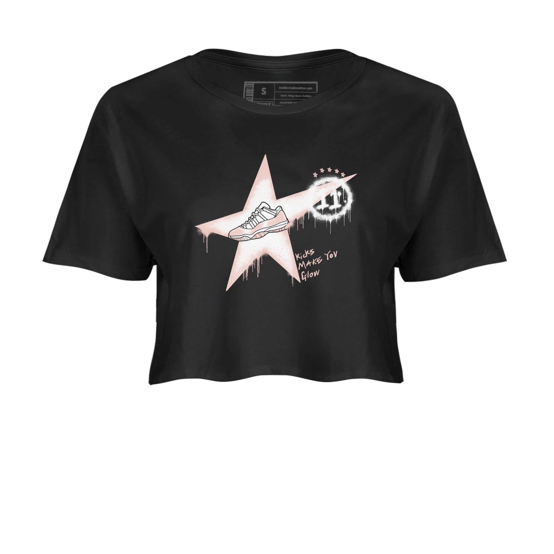 11s Legend Pink shirt to match jordans Kicks Make You Glow sneaker tees Air Jordan 11 Legend Pink SNRT Sneaker Release Tees Black 2 crop length shirt