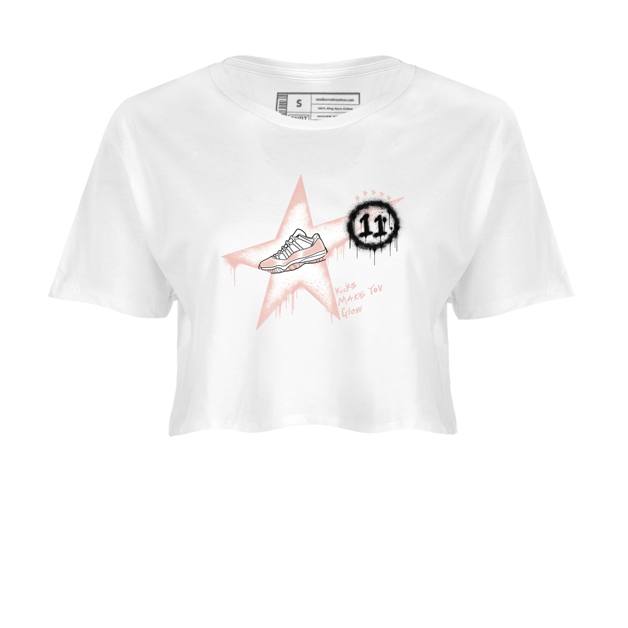 11s Legend Pink shirt to match jordans Kicks Make You Glow sneaker tees Air Jordan 11 Legend Pink SNRT Sneaker Release Tees White 2 crop length shirt