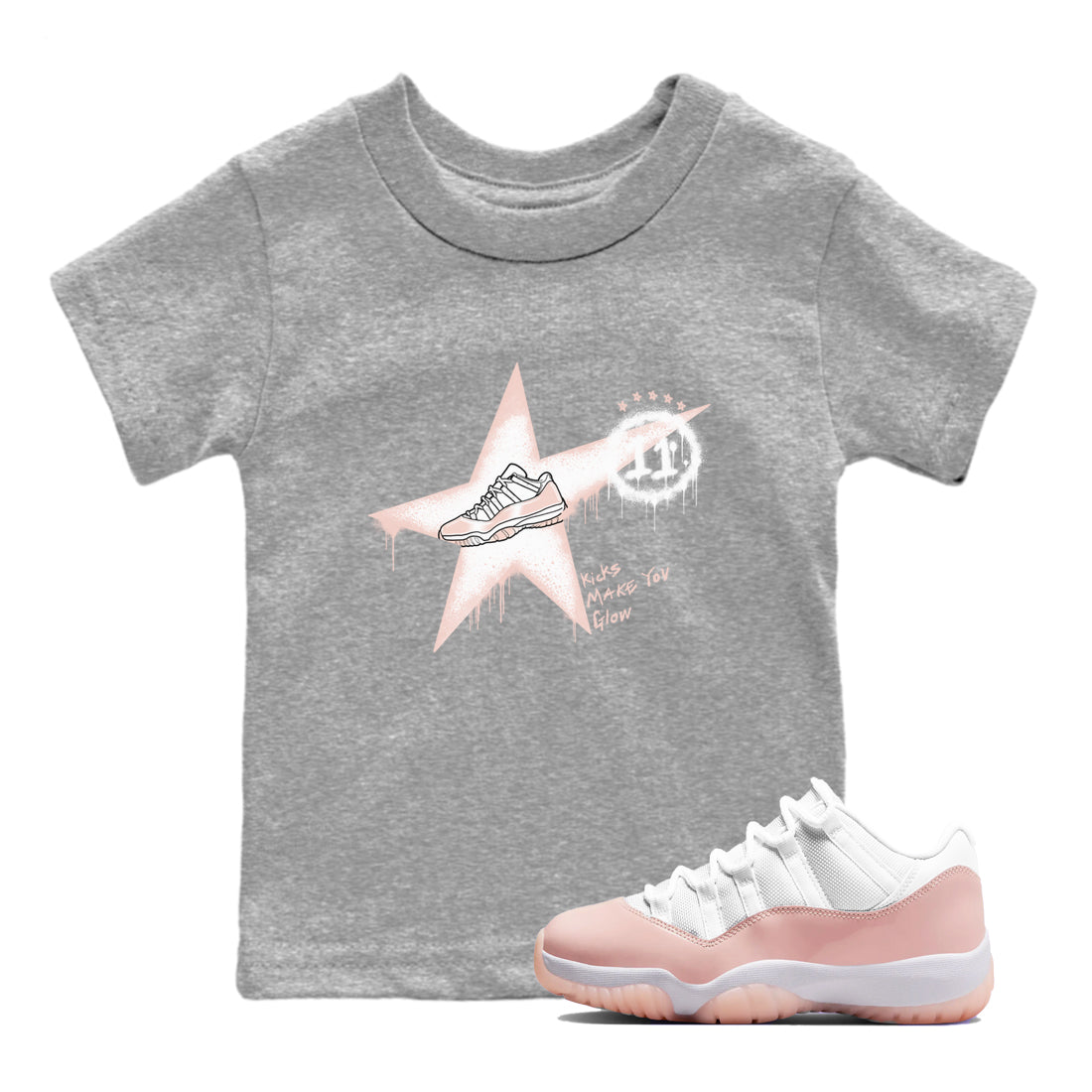 11s Legend Pink shirt to match jordans Kicks Make You Glow sneaker tees Air Jordan 11 Legend Pink SNRT sneaker release tees baby toddler Heather Grey 1 cotton Shirt