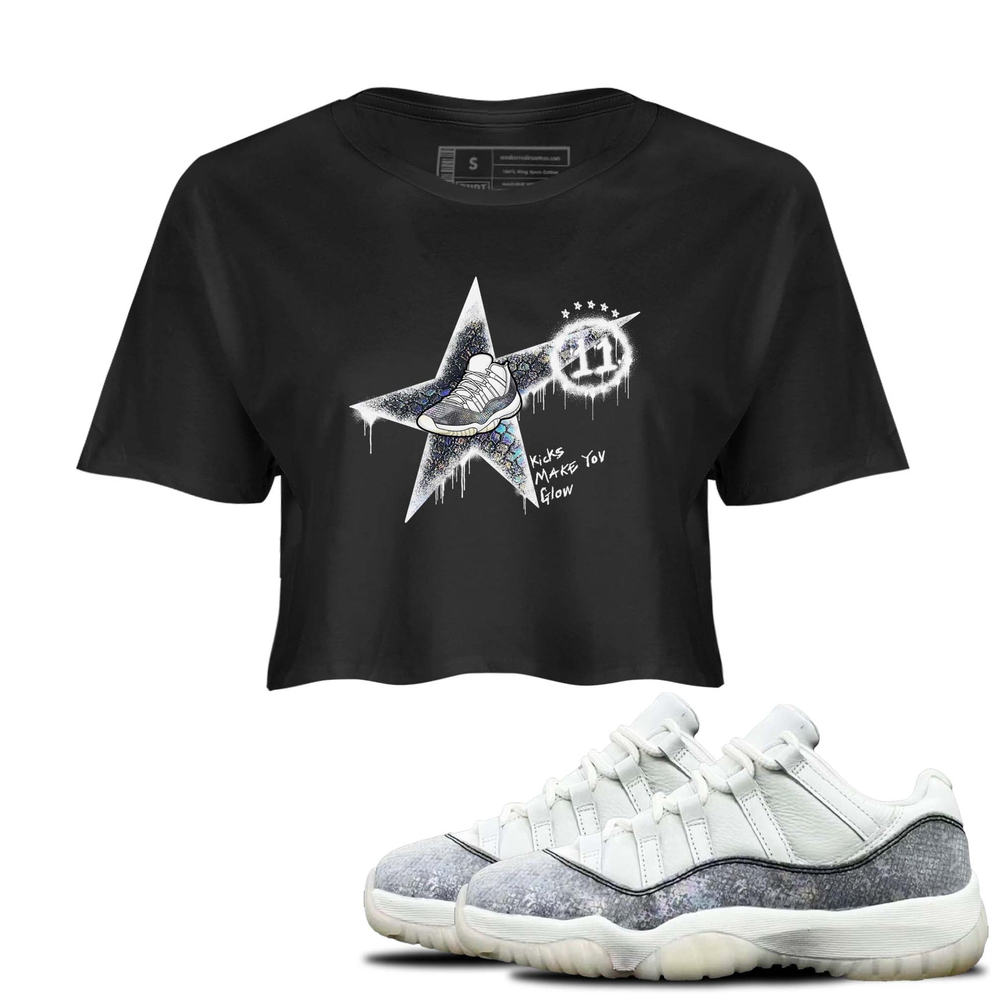 11s Year Of The Snake shirts to match jordans  Kicks Make You Glow shirts to match jordans Air Jordan 11 Retro Low Year Of The Snake match shoes to clothes SNRT Sneaker Tees unisex cotton Black 1 crop tee