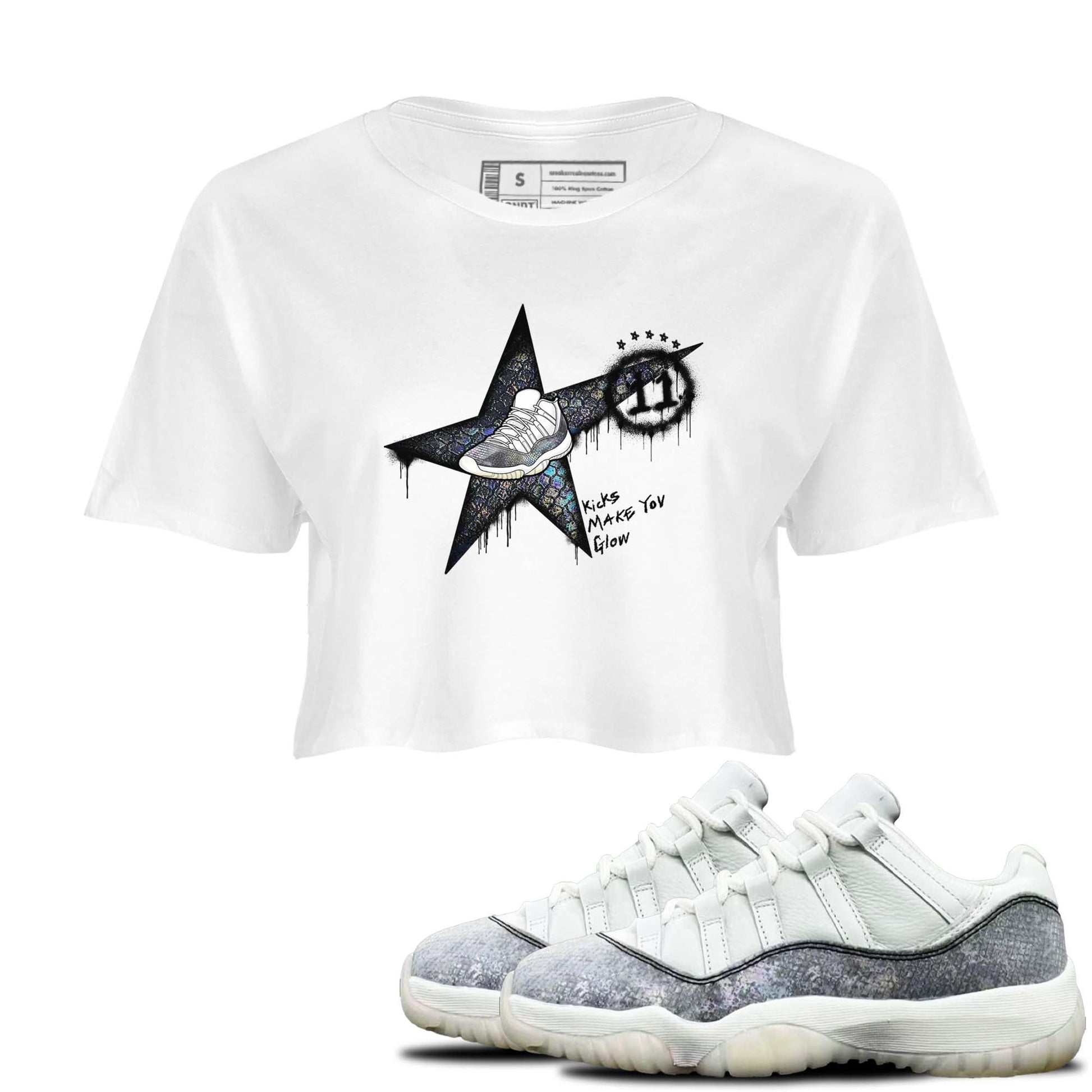 11s Year Of The Snake shirts to match jordans  Kicks Make You Glow shirts to match jordans Air Jordan 11 Retro Low Year Of The Snake match shoes to clothes SNRT Sneaker Tees unisex cotton White 1 crop tee