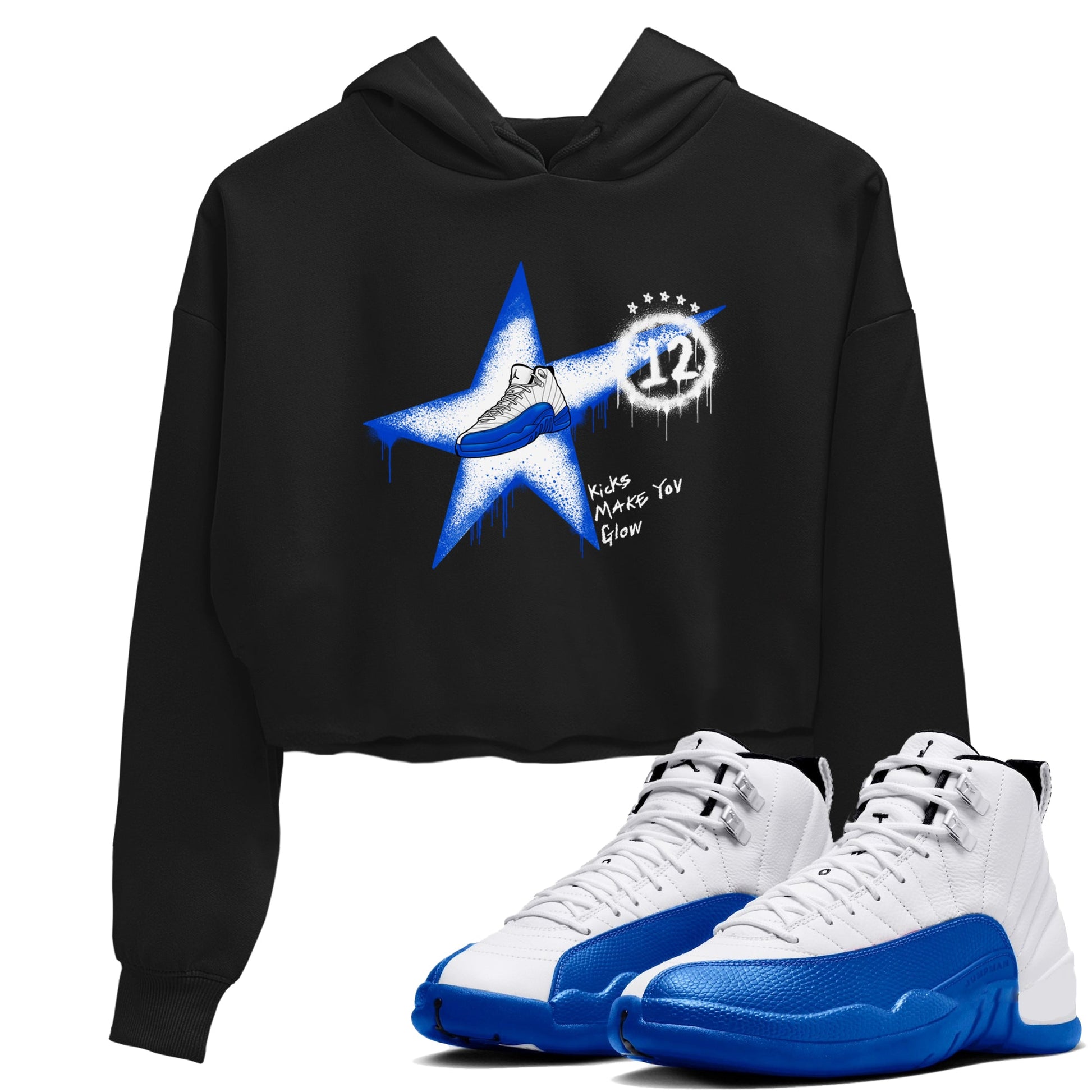 12s Blueberry shirts to match jordans Kicks Make You Glow best t shirts to wear with jordans AJ12 White & Game Royal match shoes to clothes SNRT Sneaker Tees unisex cotton Black 1 crop tee