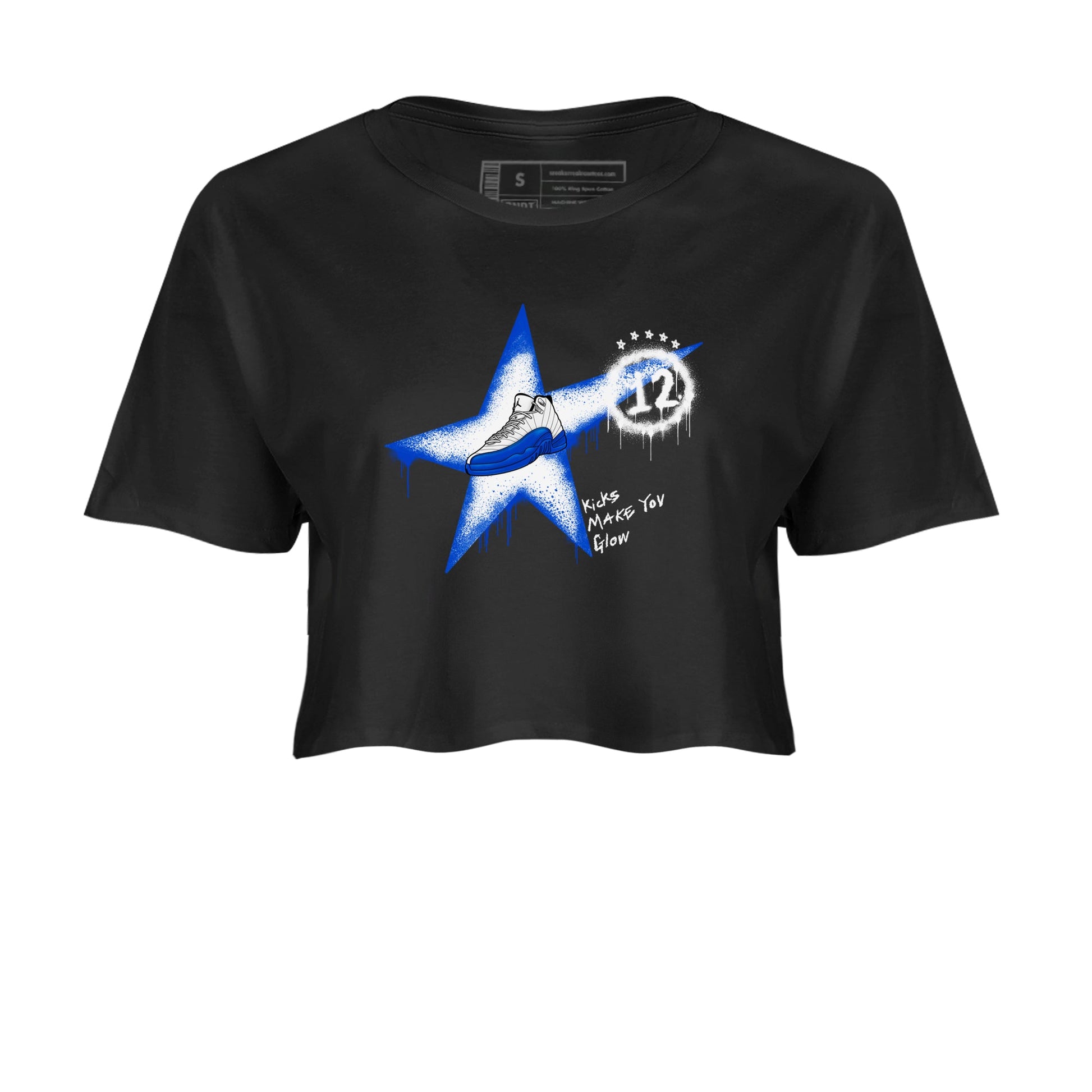 12s Blueberry shirts to match jordans Kicks Make You Glow best t shirts to wear with jordans AJ12 White & Game Royal match shoes to clothes SNRT Sneaker Tees unisex cotton Black 2 crop tee
