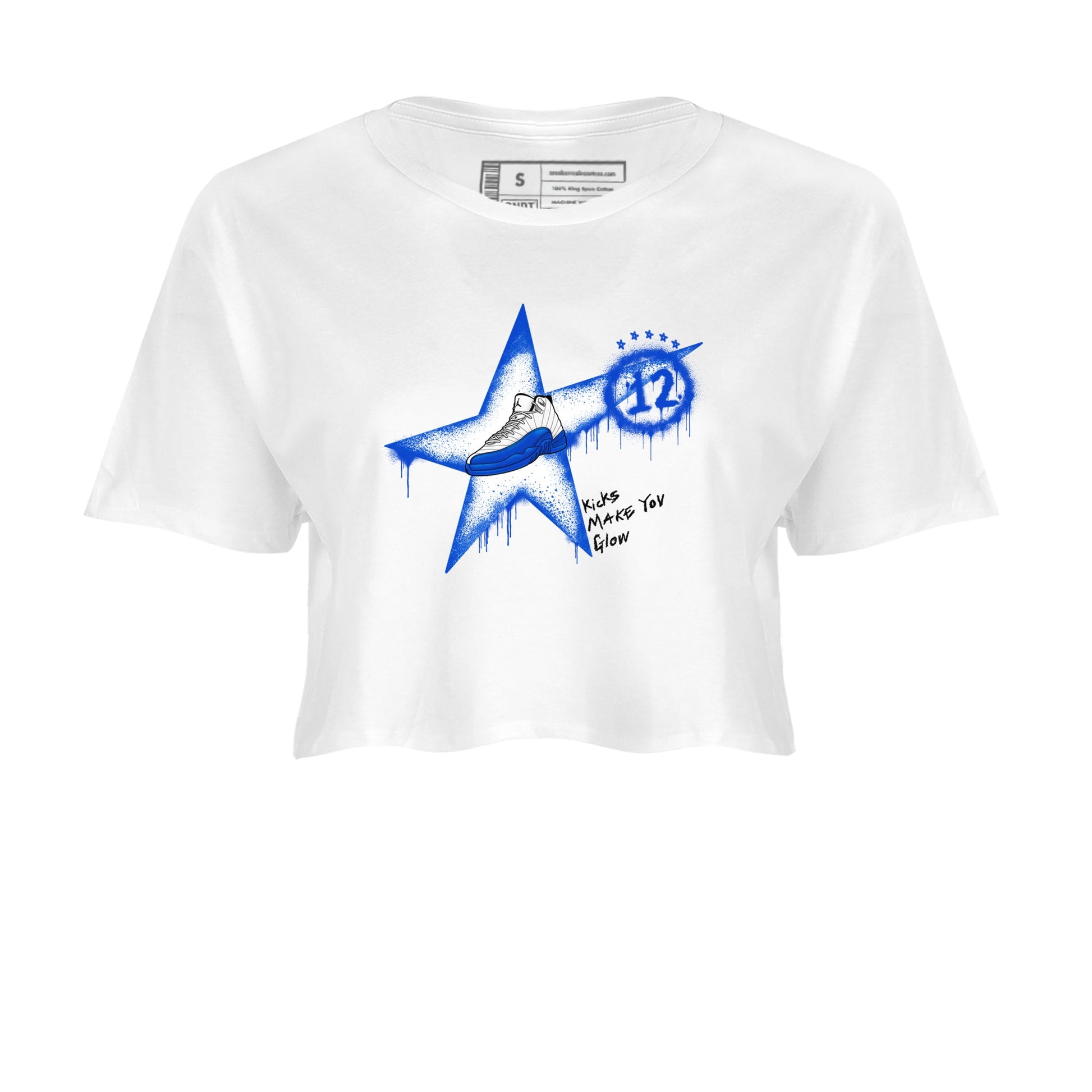 12s Blueberry shirts to match jordans Kicks Make You Glow best t shirts to wear with jordans AJ12 White & Game Royal match shoes to clothes SNRT Sneaker Tees unisex cotton White 2 crop tee