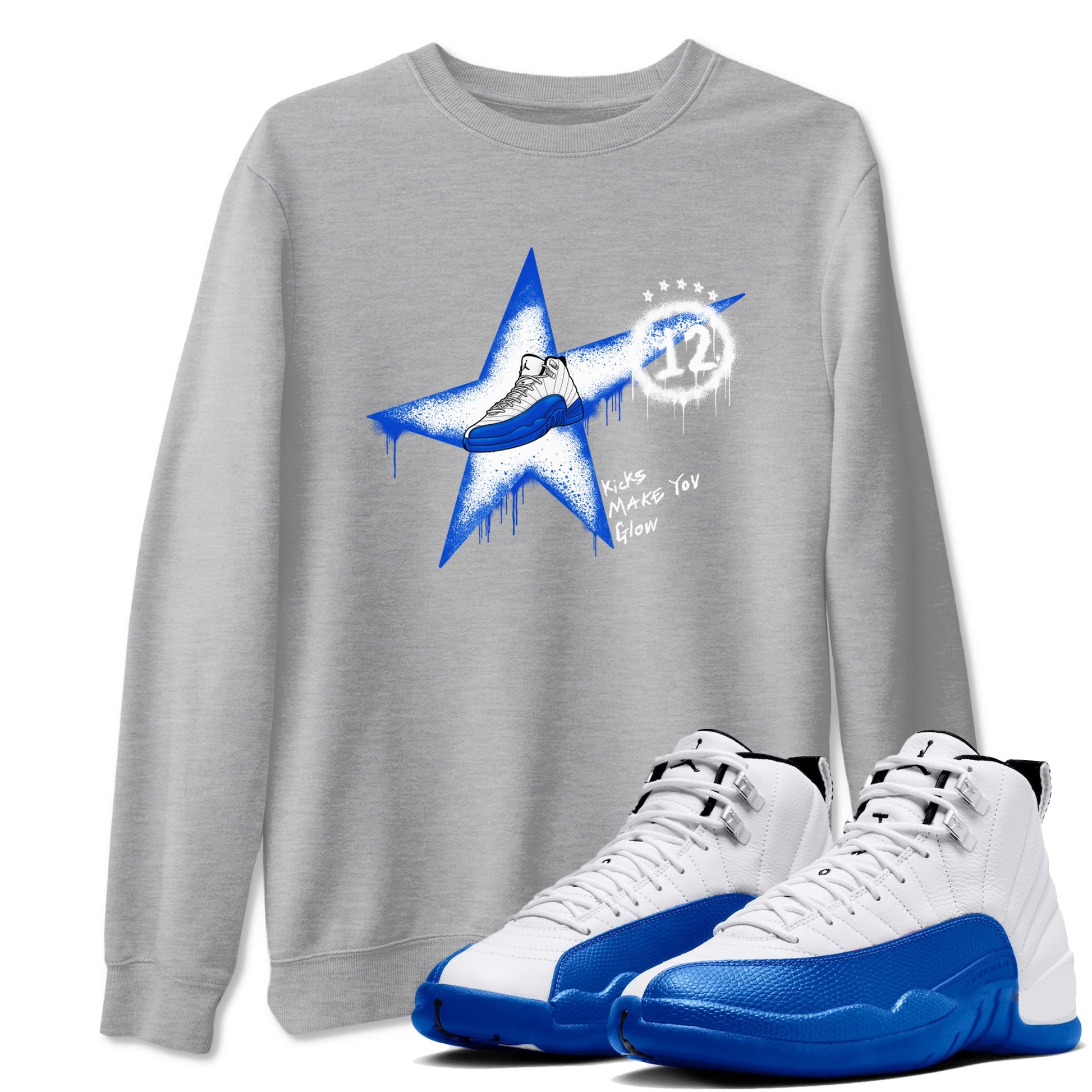 12s Blueberry shirts to match jordans Kicks Make You Glow best t shirts to wear with jordans AJ12 White & Game Royal match shoes to clothes SNRT Sneaker Tees unisex cotton Heather Grey 1 shirts