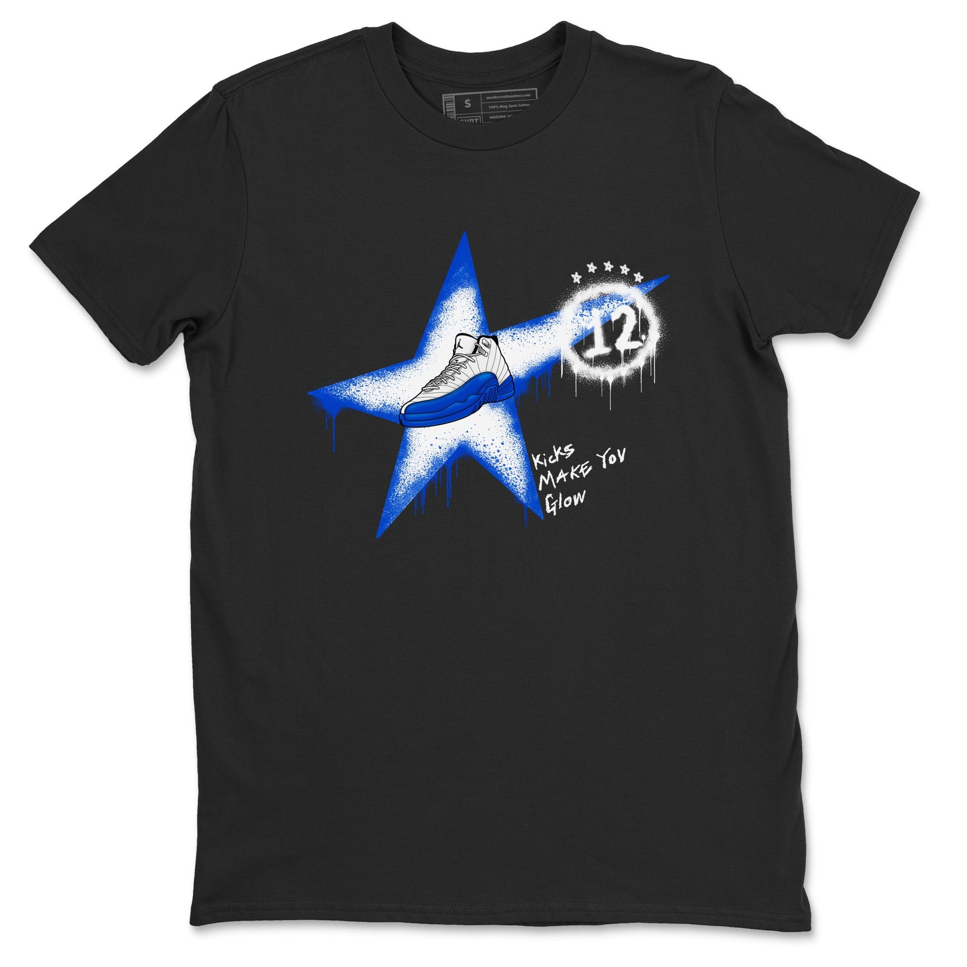 12s Blueberry shirts to match jordans Kicks Make You Glow best t shirts to wear with jordans AJ12 White & Game Royal match shoes to clothes SNRT Sneaker Tees unisex cotton Black 2 shirts