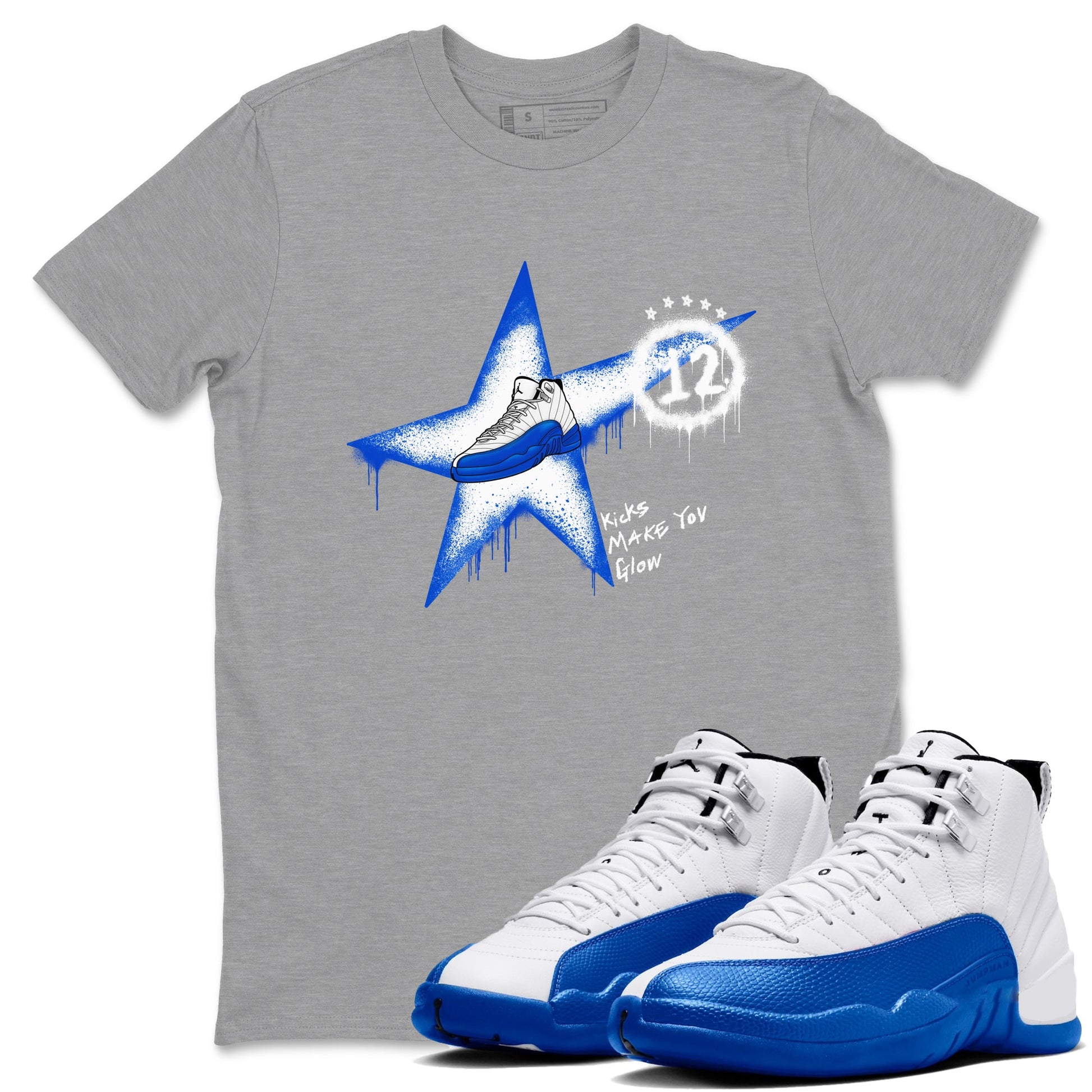 12s Blueberry shirts to match jordans Kicks Make You Glow best t shirts to wear with jordans AJ12 White & Game Royal match shoes to clothes SNRT Sneaker Tees unisex cotton Heather Grey 1 shirts