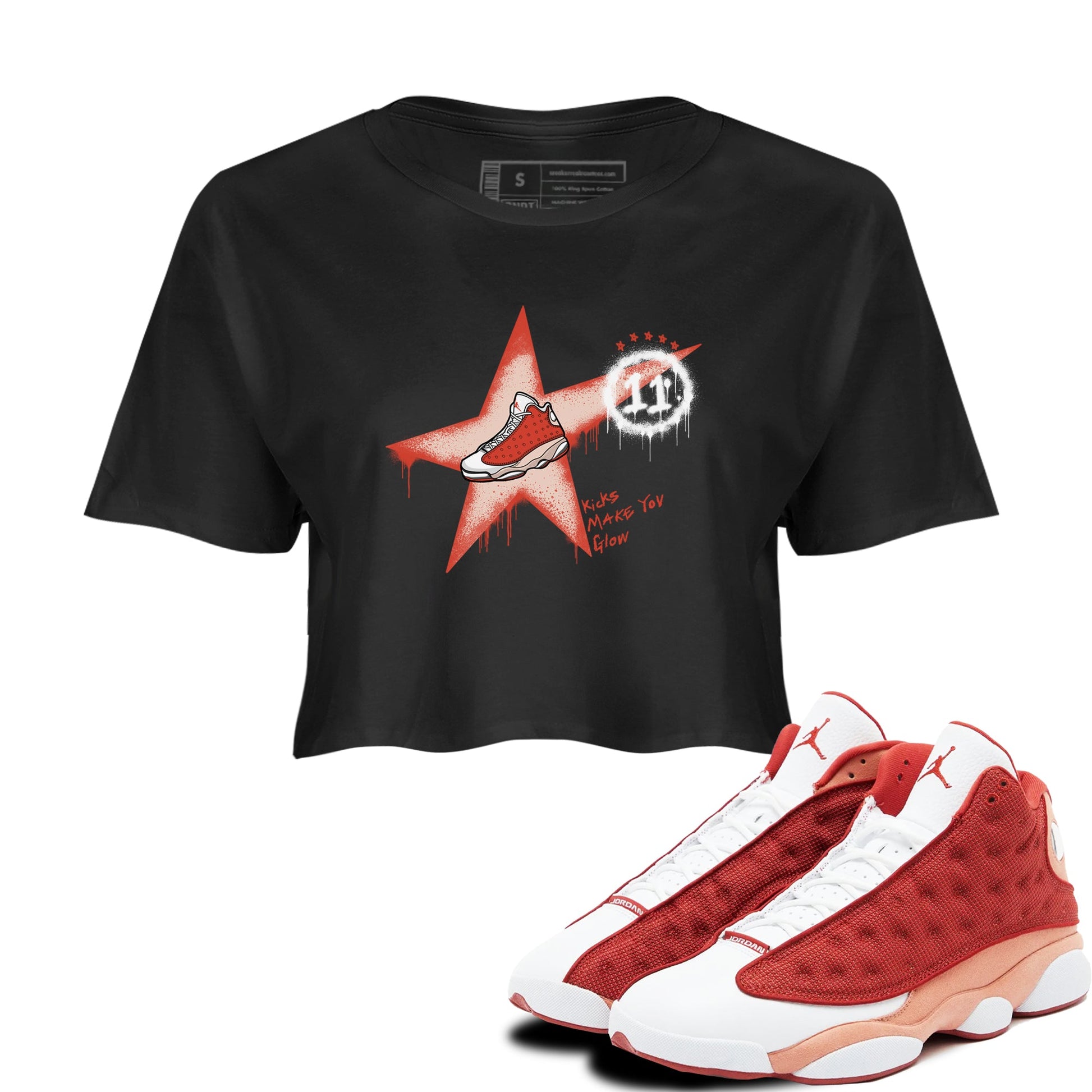 13s Dune Red shirts to match jordans Kicks Make You Glow sneaker match tees Air Jordan 13 Dune Red SNRT Sneaker Tees streetwear brand Black 1 crop tee