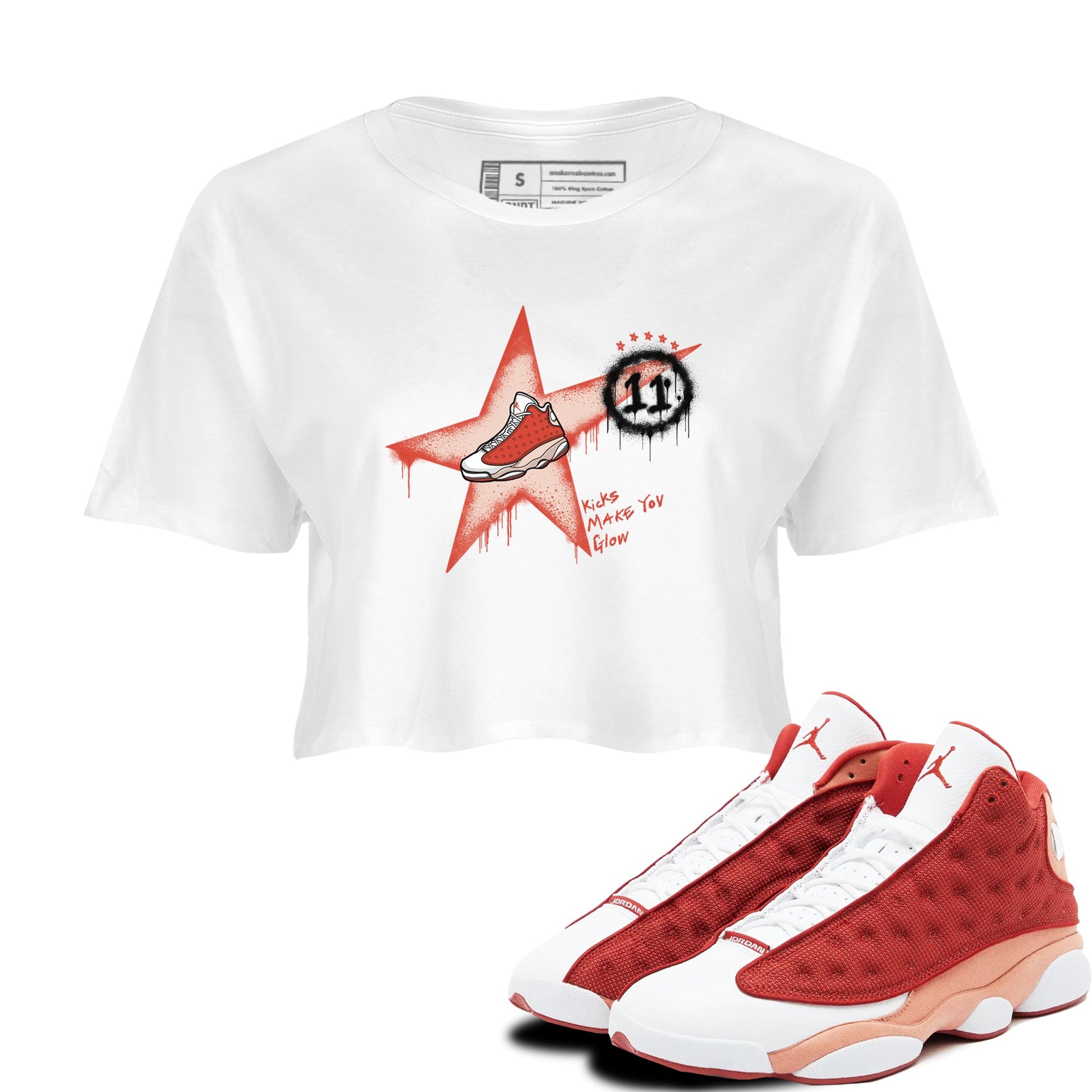 13s Dune Red shirts to match jordans Kicks Make You Glow sneaker match tees Air Jordan 13 Dune Red SNRT Sneaker Tees streetwear brand White 1 crop tee