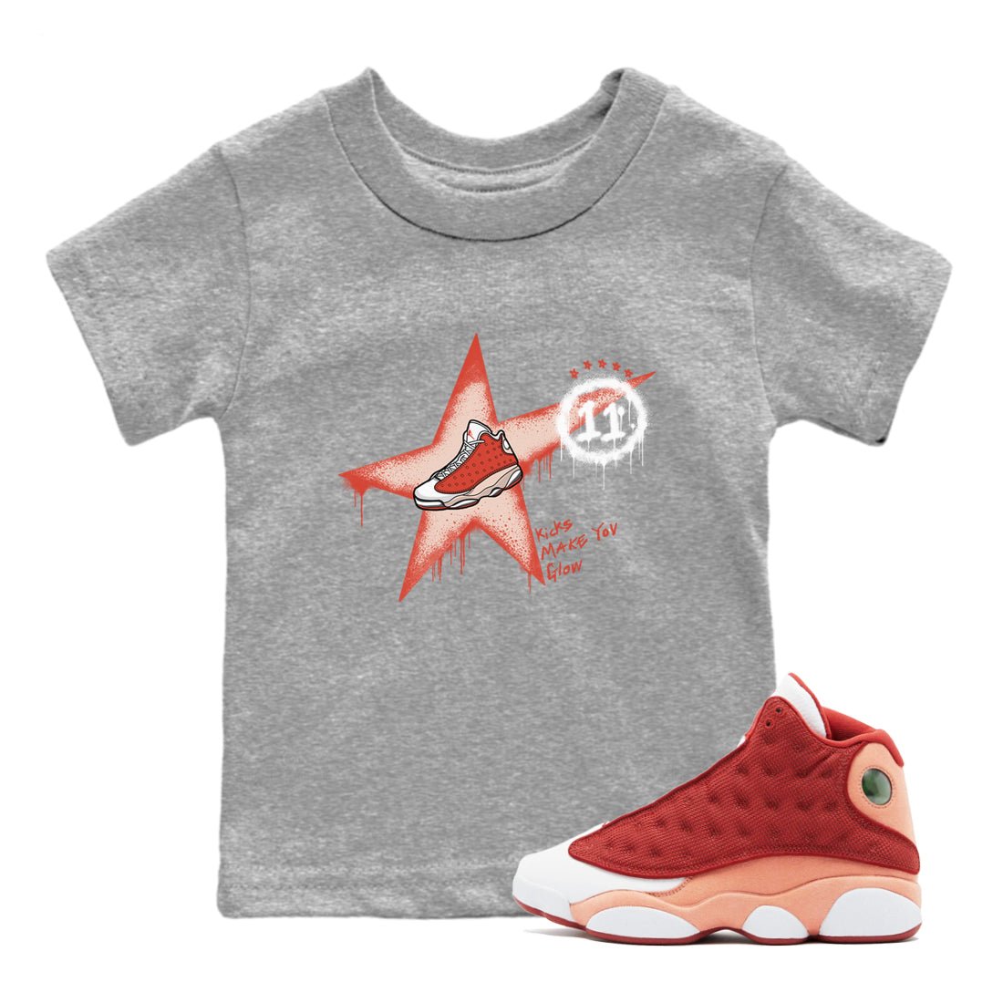 13s Dune Red shirts to match jordans Kicks Make You Glow sneaker match tees Air Jordan 13 Dune Red SNRT Sneaker Tees streetwear brand Baby and Youth Heather Grey 1 cotton tee