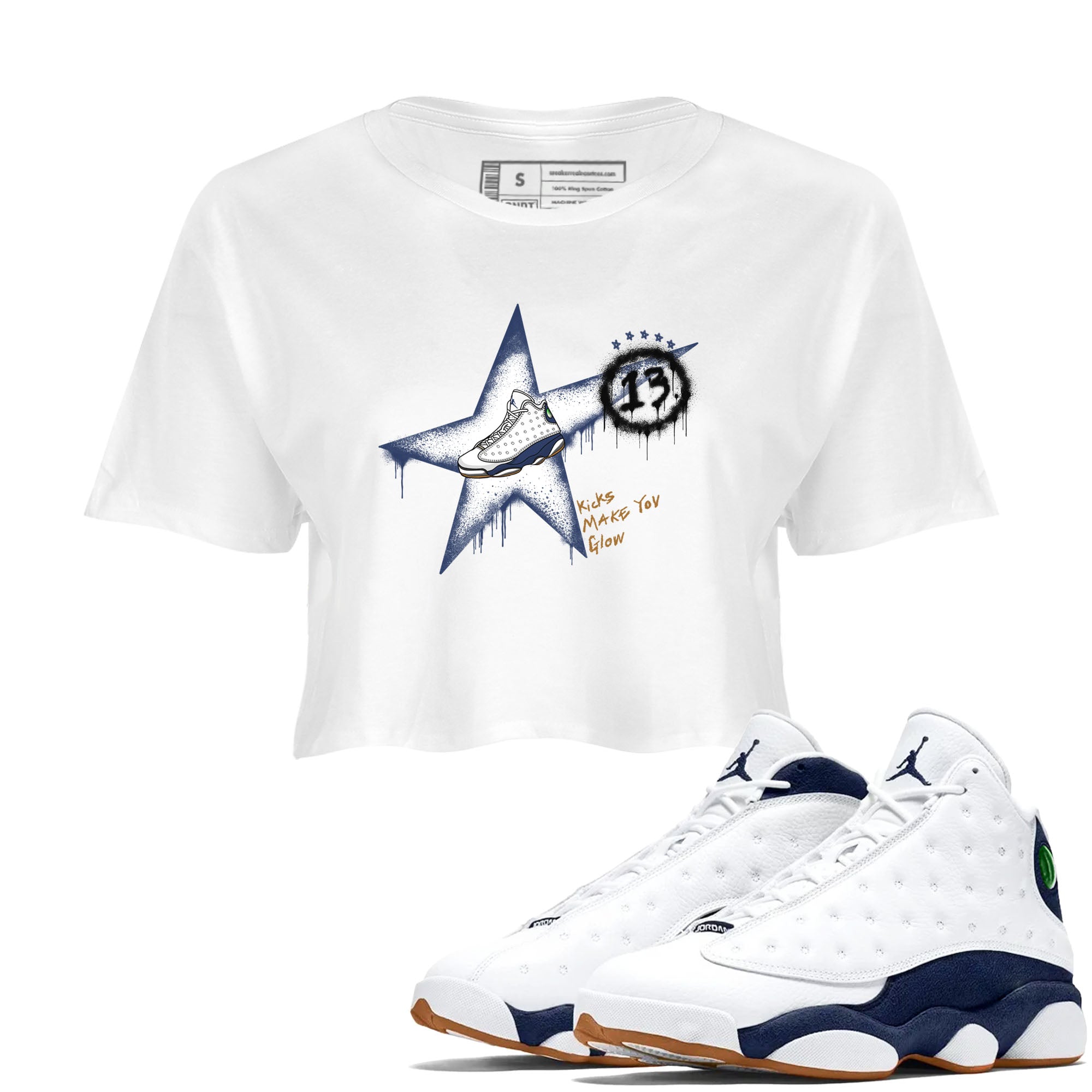 13s Midnight Navy shirts to match jordans Kicks Make You Glow sneaker match tees Air Jordan 13 Midnight Navy SNRT Sneaker Release Tees unisex cotton White 1 Crop Shirts
