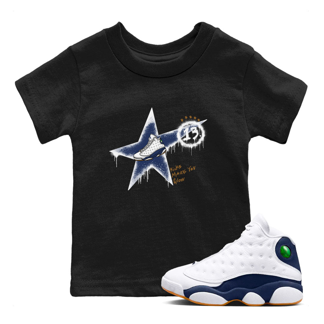 13s Midnight Navy shirts to match jordans Kicks Make You Glow sneaker match tees Air Jordan 13 Midnight Navy SNRT Sneaker Release Tees Youth Baby Black 1 crew neck shirts