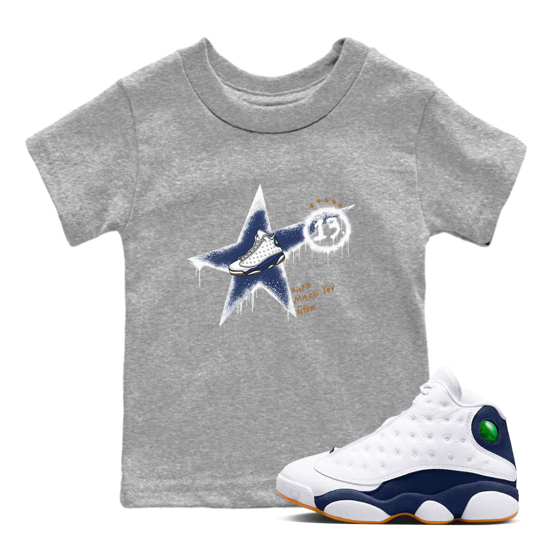 13s Midnight Navy shirts to match jordans Kicks Make You Glow sneaker match tees Air Jordan 13 Midnight Navy SNRT Sneaker Release Tees Youth Baby Heather Grey 1 crew neck shirts