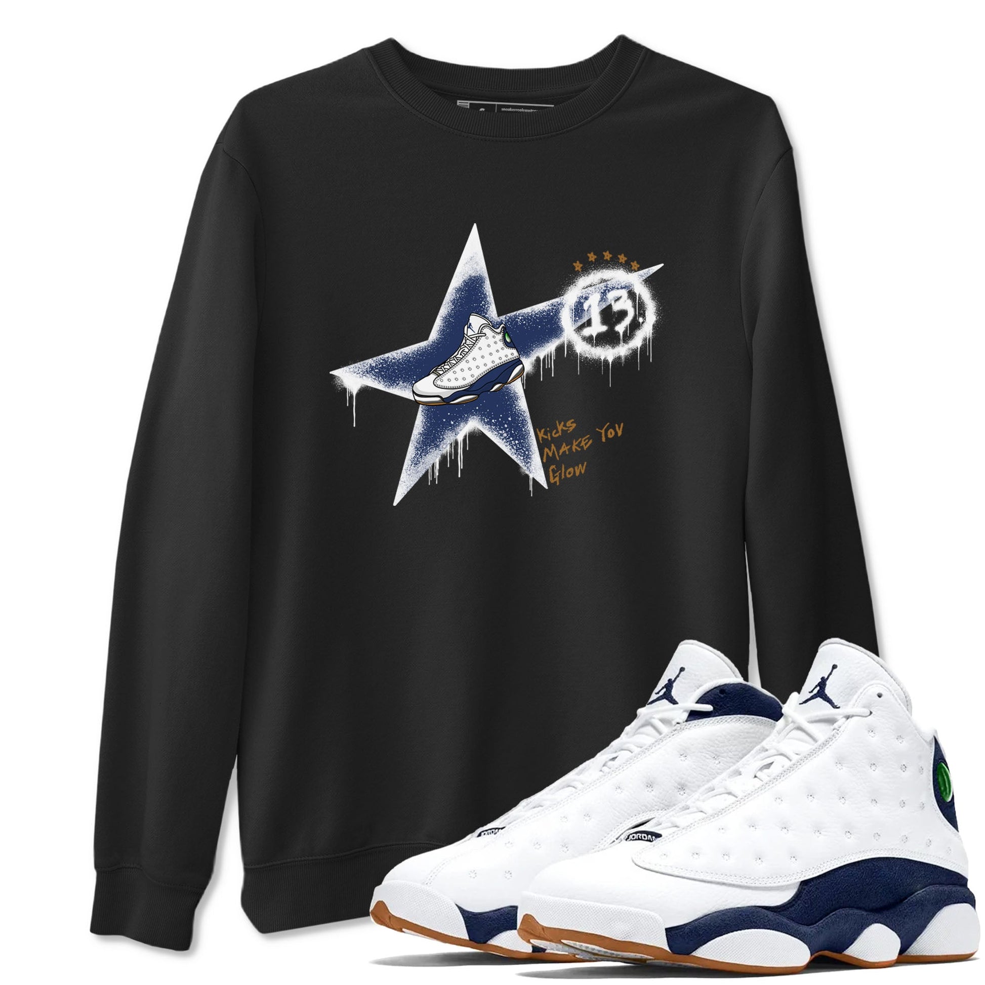 13s Midnight Navy shirts to match jordans Kicks Make You Glow sneaker match tees Air Jordan 13 Midnight Navy SNRT Sneaker Release Tees unisex cotton Black 1 crew neck shirts