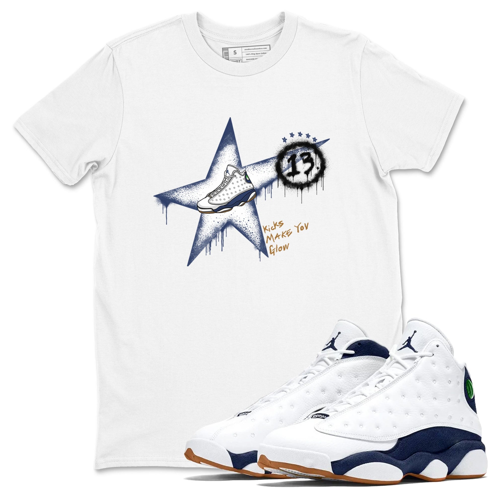 13s Midnight Navy shirts to match jordans Kicks Make You Glow sneaker match tees Air Jordan 13 Midnight Navy SNRT Sneaker Release Tees unisex cotton White 1 crew neck shirts
