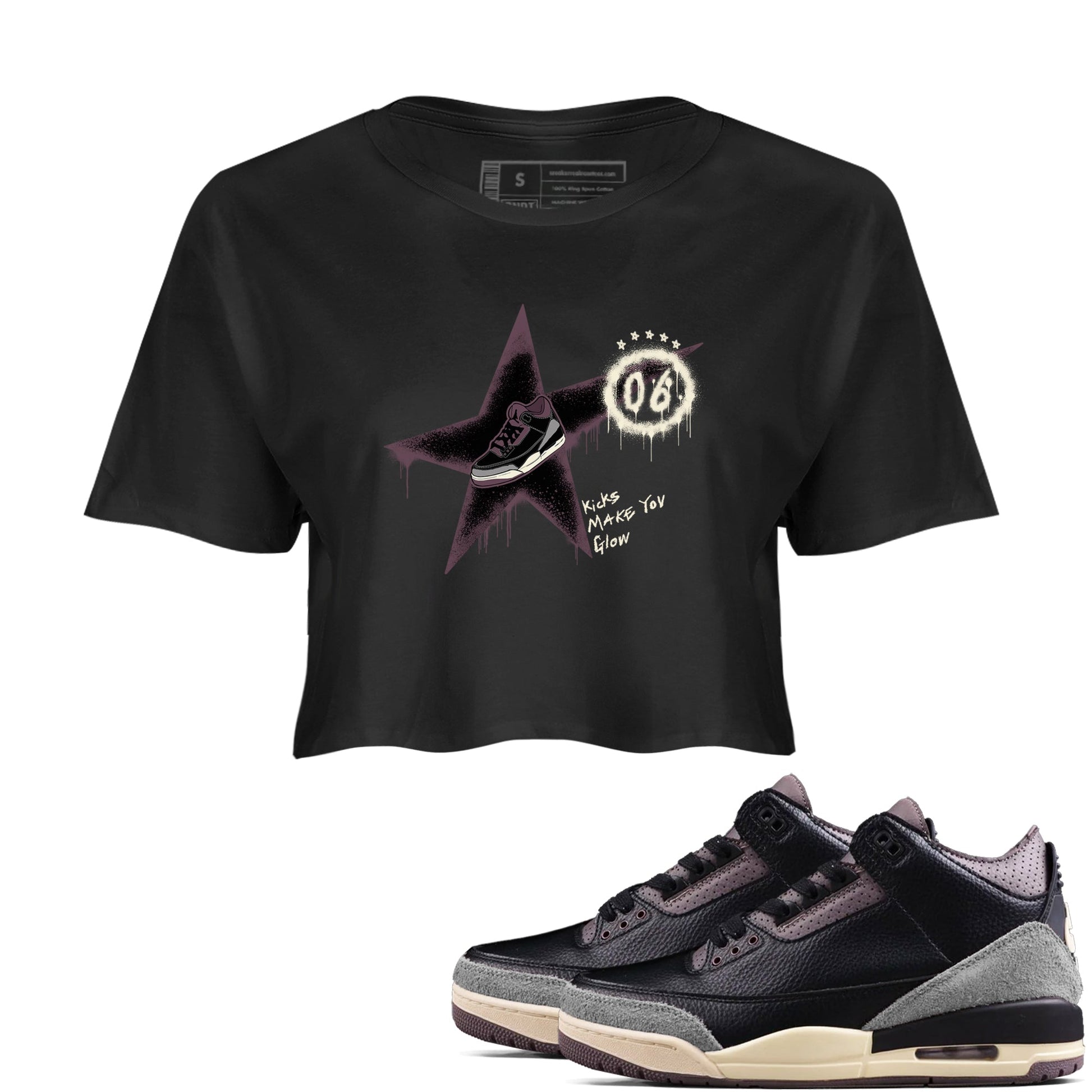AJ3 A Ma Maniere x Black shirts to match jordans Kicks Make You Glow sneaker match tees A Ma Maniere x Air Jordan 3 “Black” SNRT Sneaker Tees streetwear brand Black 1 crop tee