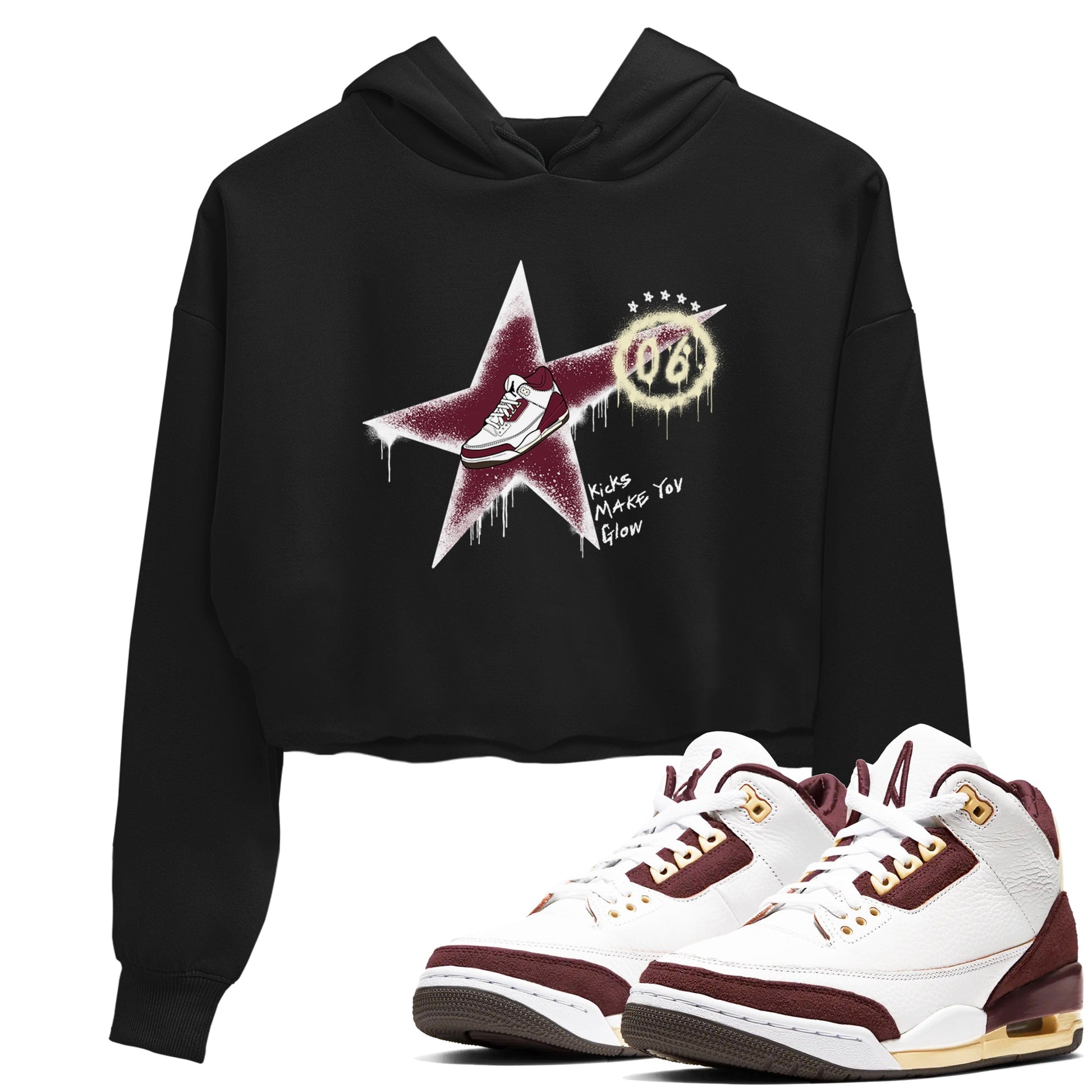3s A Ma Maniere x Burgundy Crush shirts to match jordans Kicks Make You Glow sneaker match teesA Ma Maniére x Air Jordan 3 "Burgundy Crush" SNRT Sneaker Tees streetwear brand Black 1 crop tee