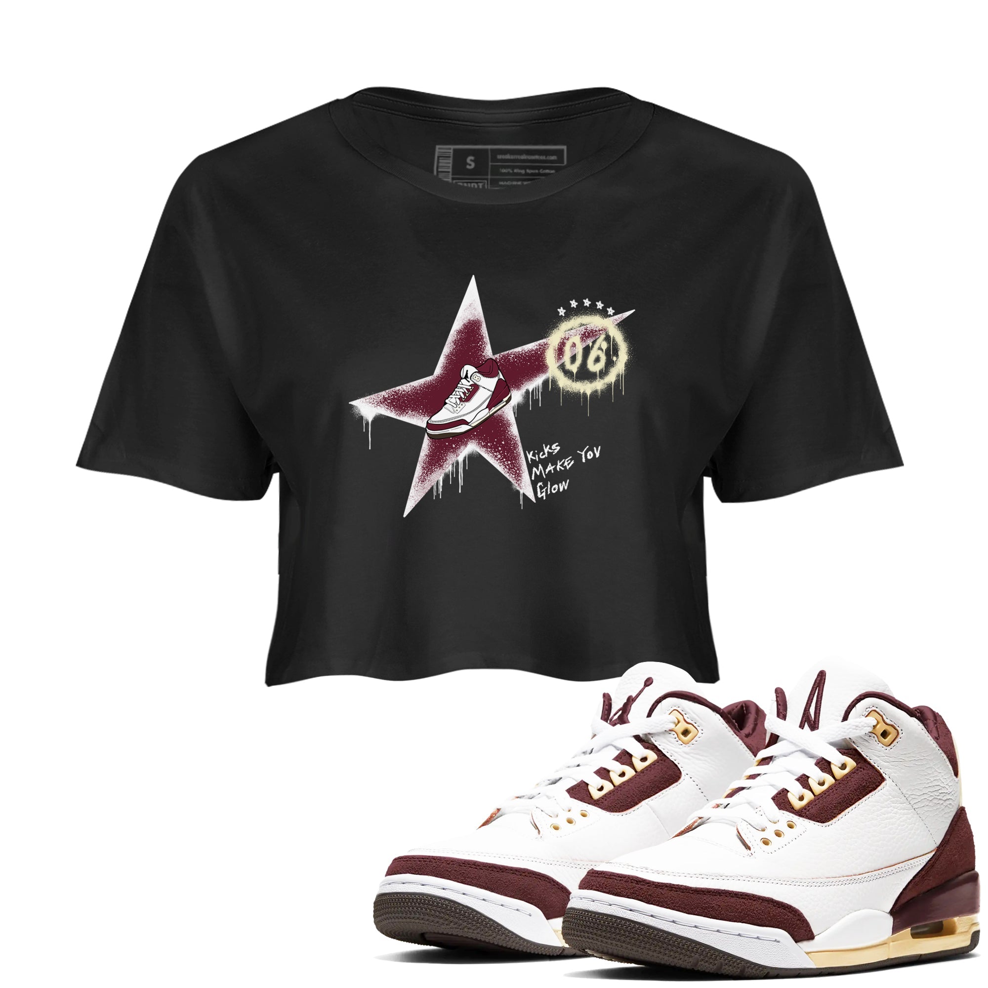 3s A Ma Maniere x Burgundy Crush shirts to match jordans Kicks Make You Glow sneaker match teesA Ma Maniére x Air Jordan 3 "Burgundy Crush" SNRT Sneaker Tees streetwear brand Black 1 crop tee