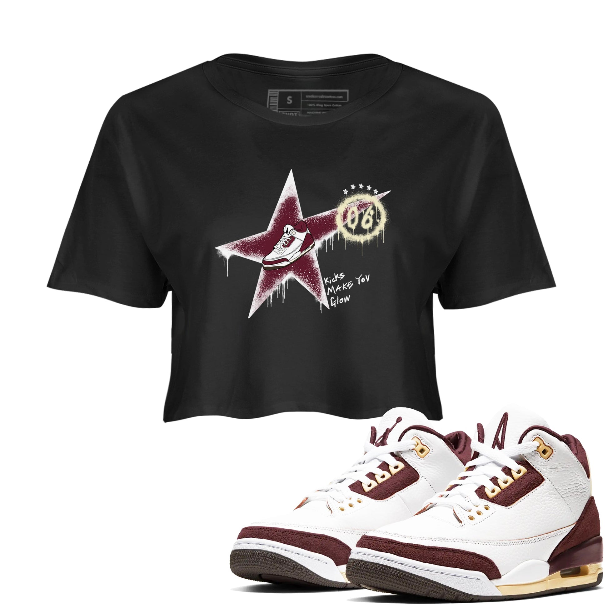 3s A Ma Maniere x Burgundy Crush shirts to match jordans Kicks Make You Glow sneaker match teesA Ma Maniére x Air Jordan 3 "Burgundy Crush" SNRT Sneaker Tees streetwear brand Black 1 crop tee