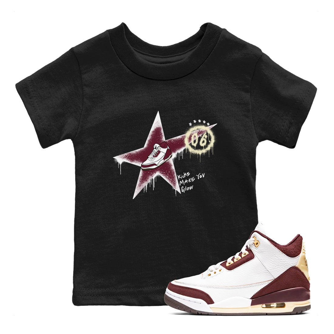 3s A Ma Maniere x Burgundy Crush shirts to match jordans Kicks Make You Glow sneaker match teesA Ma Maniére x Air Jordan 3 "Burgundy Crush" SNRT Sneaker Tees streetwear brand Baby and Youth Black 1 cotton tee