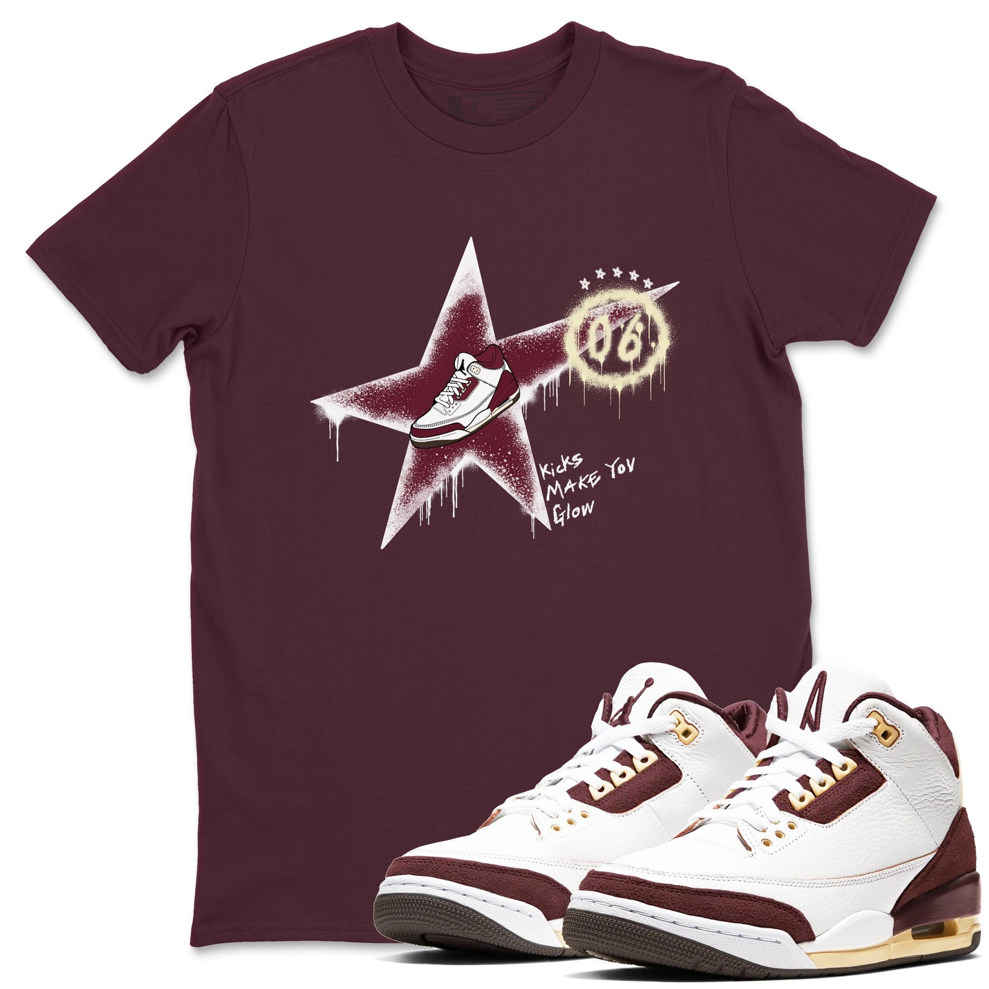 3s A Ma Maniere x Burgundy Crush shirts to match jordans Kicks Make You Glow sneaker match teesA Ma Maniére x Air Jordan 3 "Burgundy Crush" SNRT Sneaker Tees streetwear brand Maroon 1 unisex cotton tee