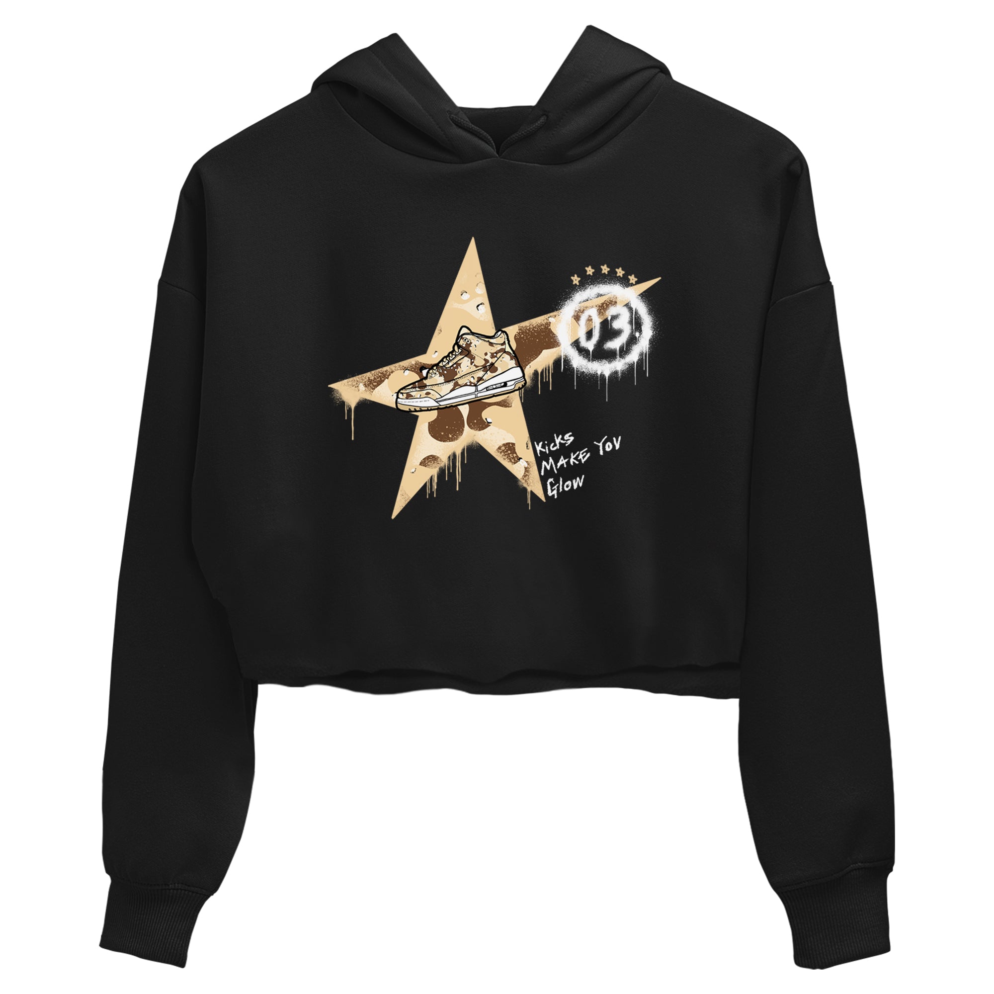 AJ3 Desert Camo shirts to match jordans Kicks Make You Glow sneaker match tees Air Jordan 3 Desert Camo SNRT Sneaker Tees streetwear brand Black 2 crop tee