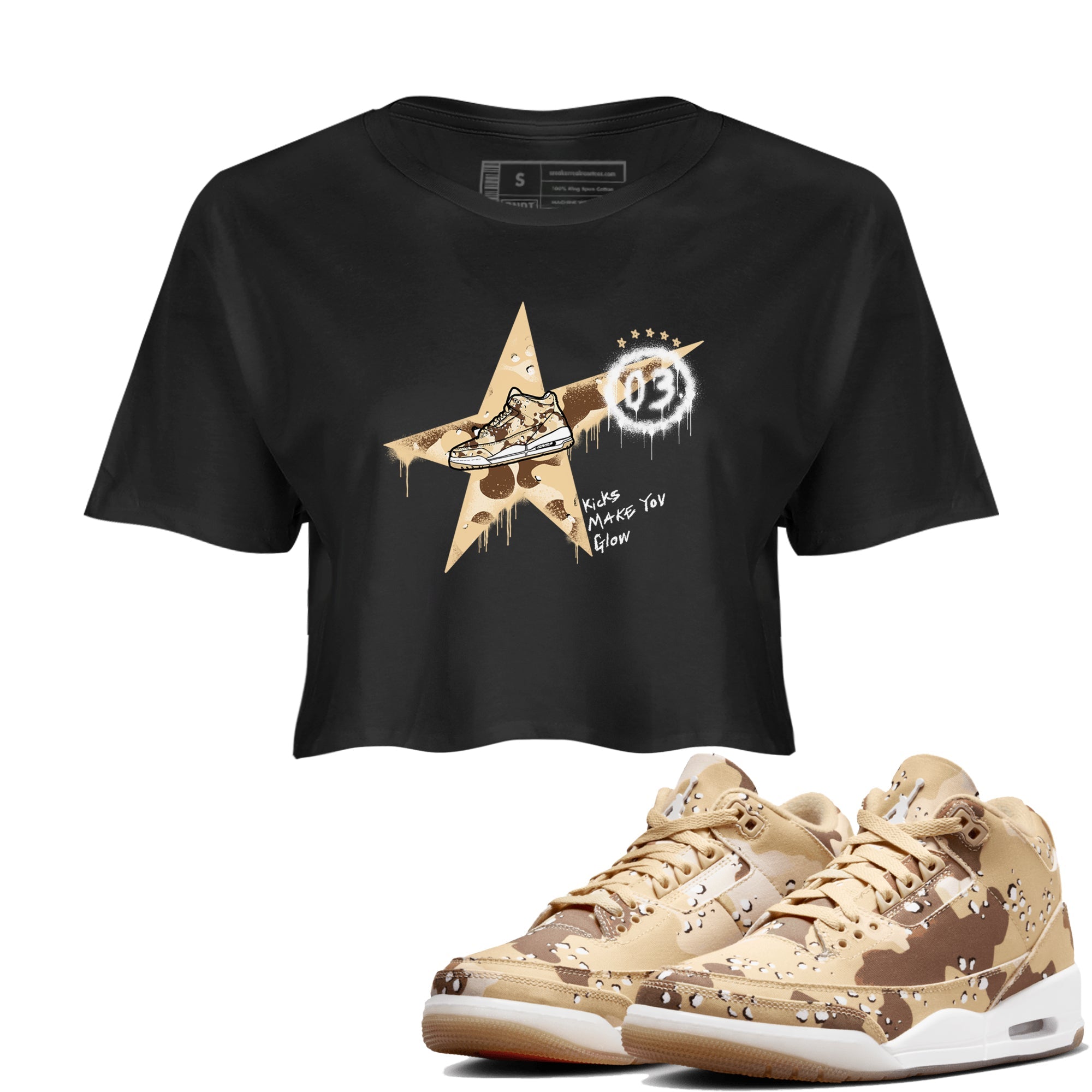 AJ3 Desert Camo shirts to match jordans Kicks Make You Glow sneaker match tees Air Jordan 3 Desert Camo SNRT Sneaker Tees streetwear brand Black 1 crop tee