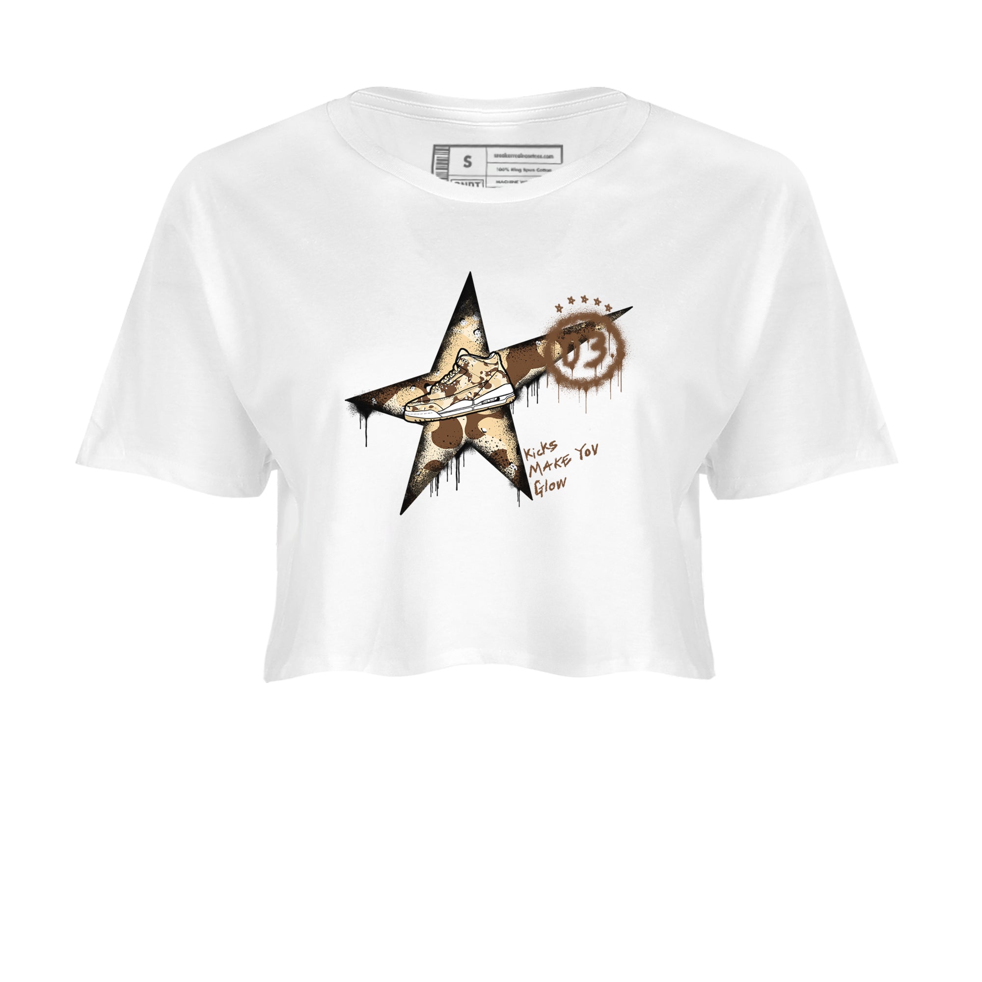 AJ3 Desert Camo shirts to match jordans Kicks Make You Glow sneaker match tees Air Jordan 3 Desert Camo SNRT Sneaker Tees streetwear brand White 2 crop tee