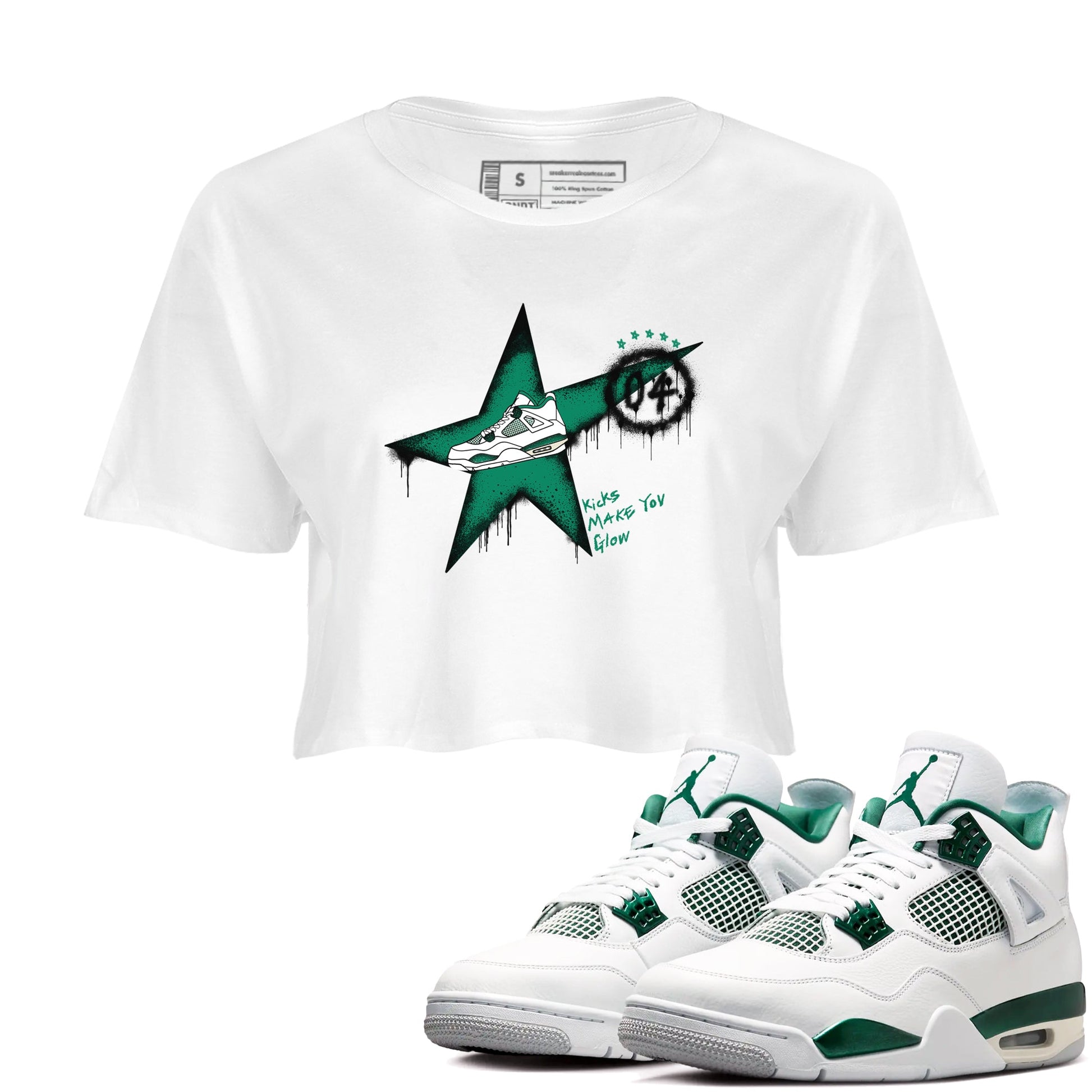 4s Oxidized Green shirts to match jordans Kicks Make You Glow sneaker match tees Air Jordan 4 Oxidized Green SNRT Sneaker Tees streetwear brand White 1 crop tee