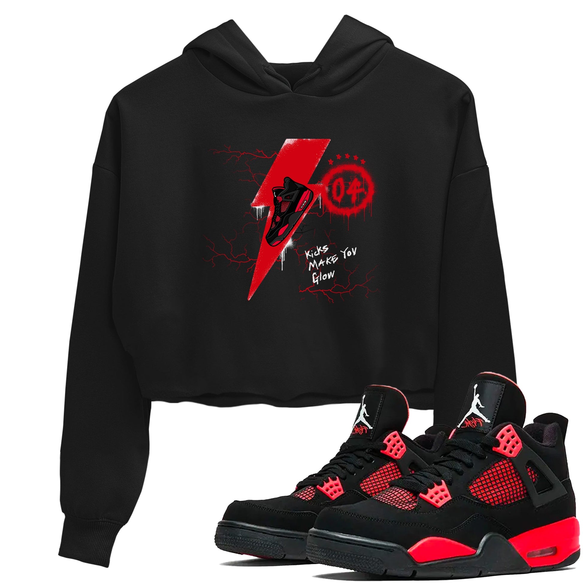 4s Red Thunder shirts to match jordans Kicks Make You Glow sneaker match tees Air Jordan 4 Red Thunder SNRT Sneaker Tees streetwear brand Black 1 crop tee