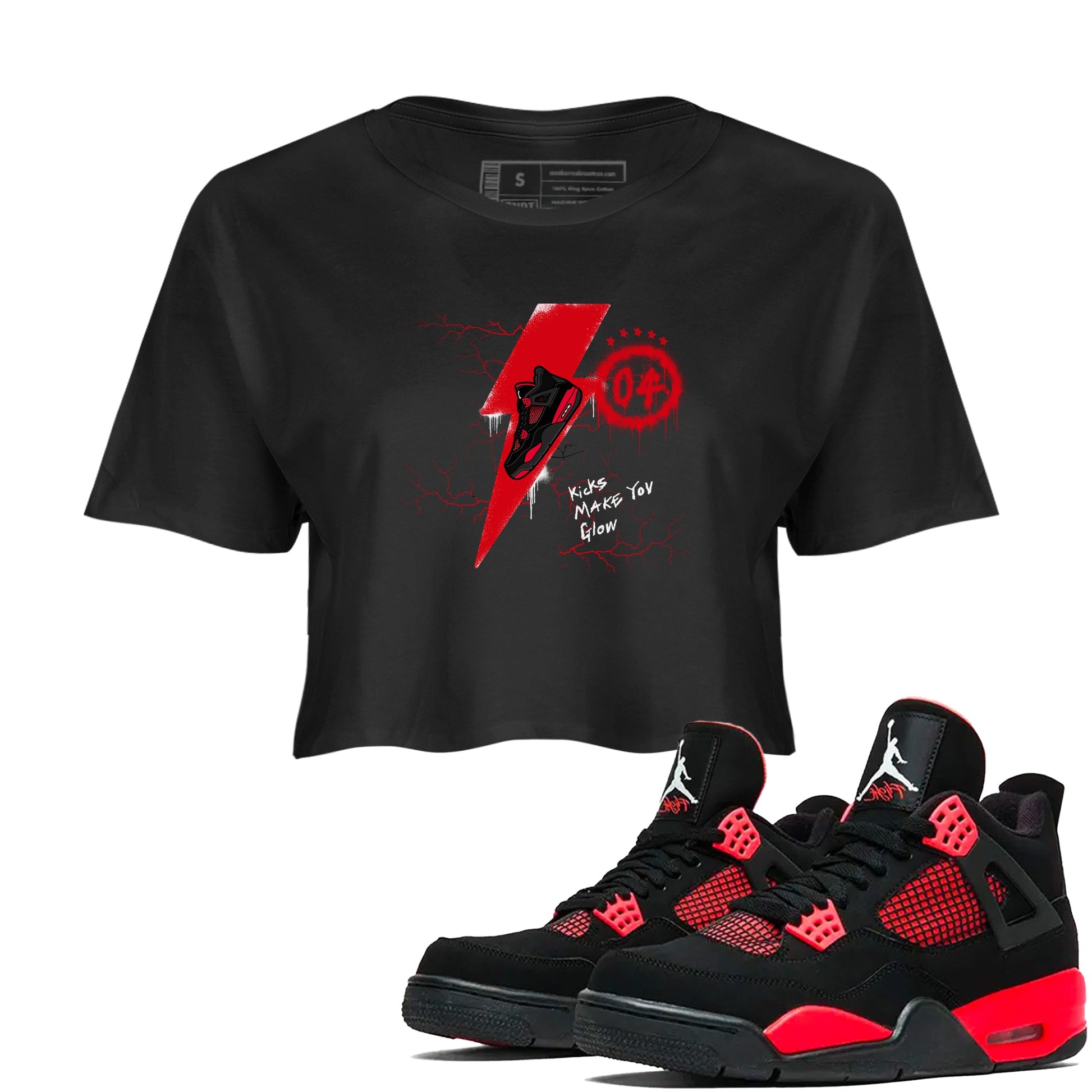 4s Red Thunder shirts to match jordans Kicks Make You Glow sneaker match tees Air Jordan 4 Red Thunder SNRT Sneaker Tees streetwear brand Black 1 crop tee
