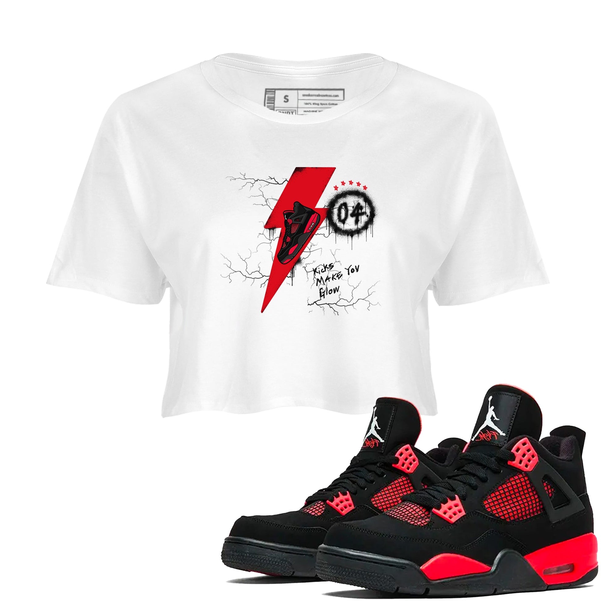4s Red Thunder shirts to match jordans Kicks Make You Glow sneaker match tees Air Jordan 4 Red Thunder SNRT Sneaker Tees streetwear brand White 1 crop tee