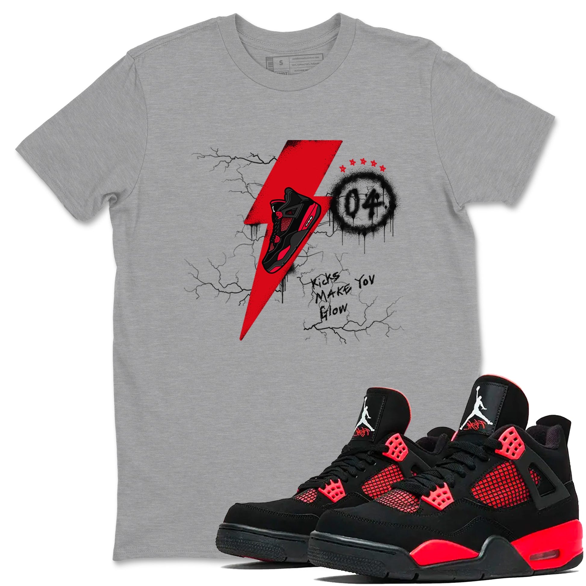 4s Red Thunder shirts to match jordans Kicks Make You Glow sneaker match tees Air Jordan 4 Red Thunder SNRT Sneaker Tees streetwear brand Heather Grey 1 unisex cotton tee