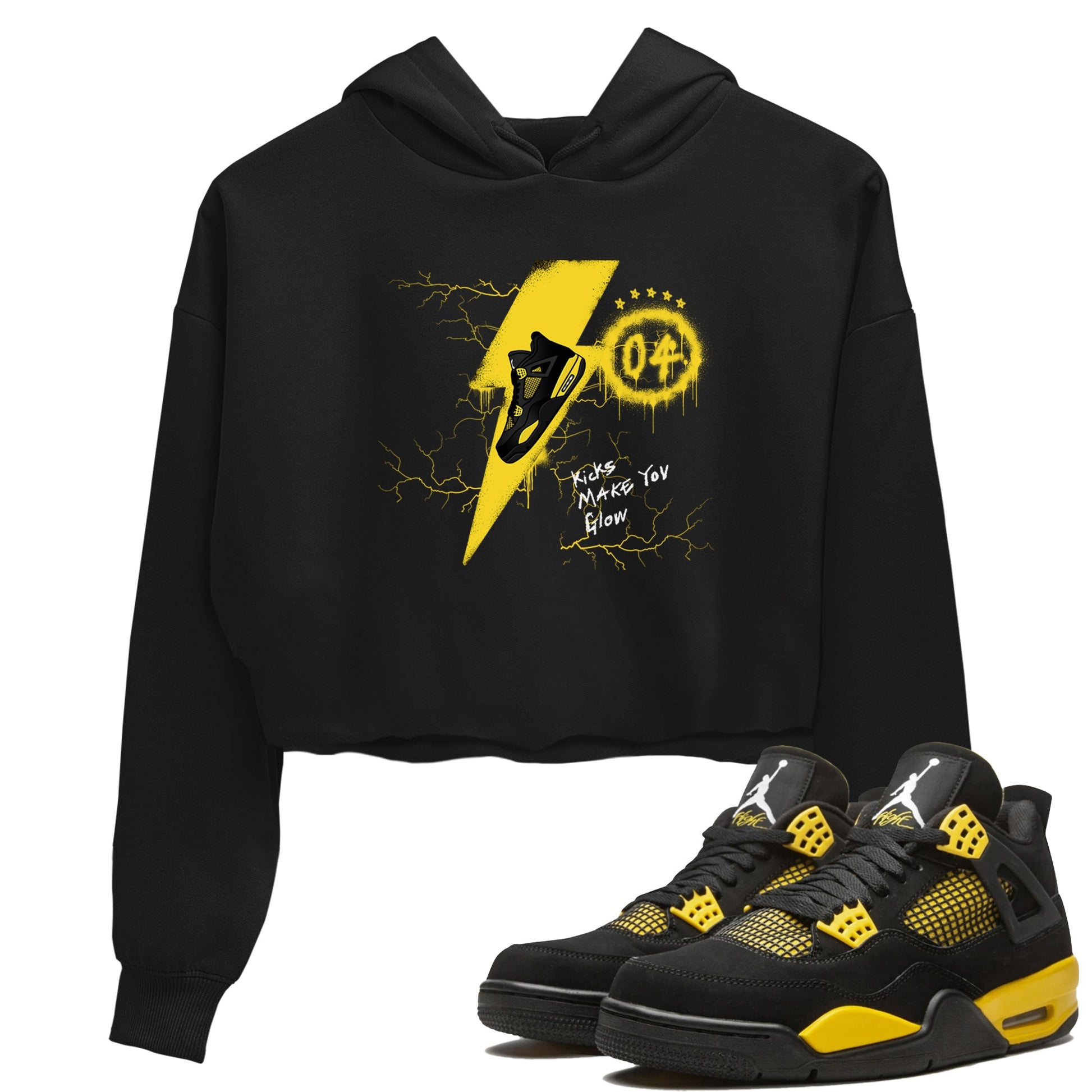 AJ4 Thunder shirts to match jordans Kicks Make You Glow sneaker match tees Air Jordan 4 Thunder SNRT Sneaker Tees streetwear brand Black 1 crop tee