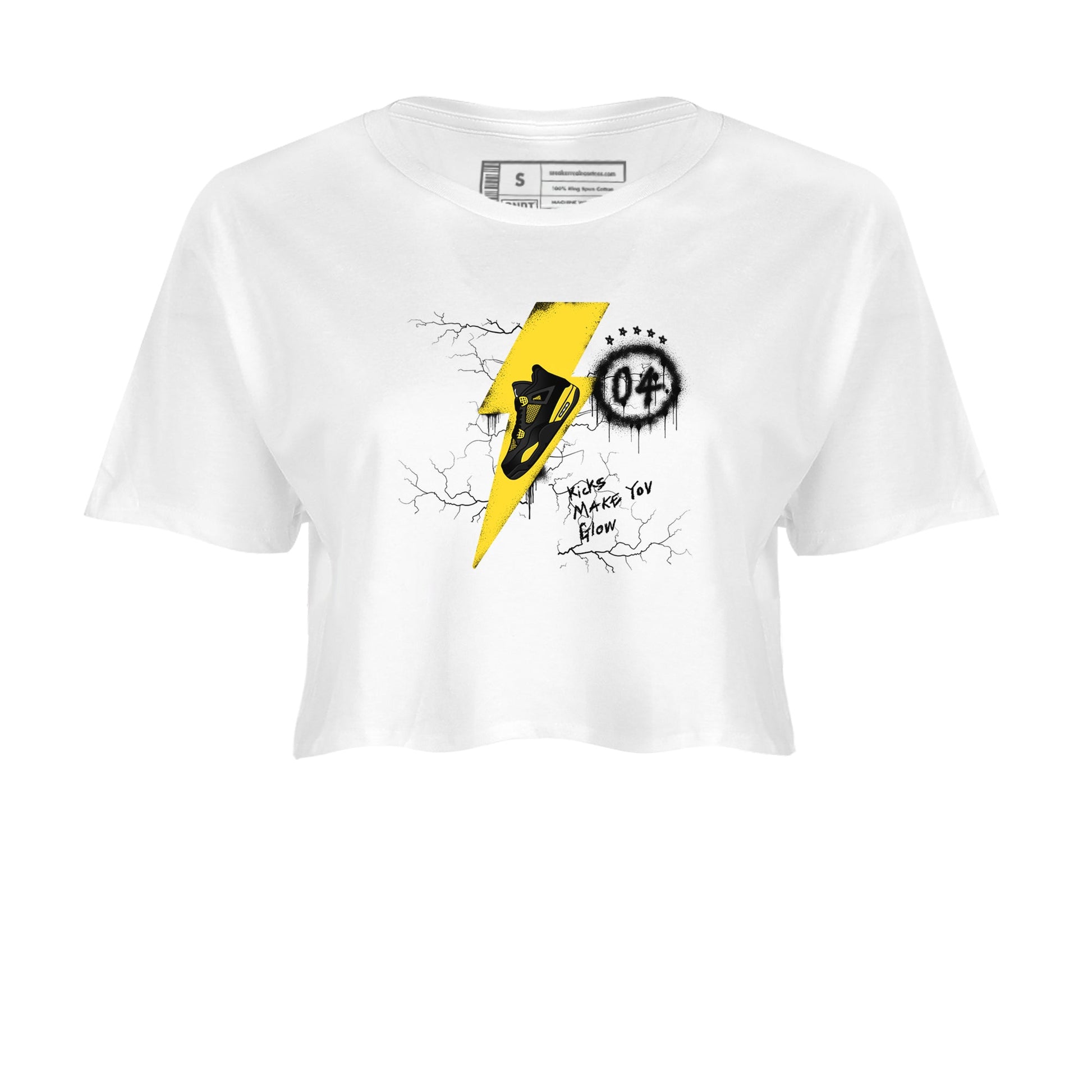 AJ4 Thunder shirts to match jordans Kicks Make You Glow sneaker match tees Air Jordan 4 Thunder SNRT Sneaker Tees streetwear brand White 2 crop tee