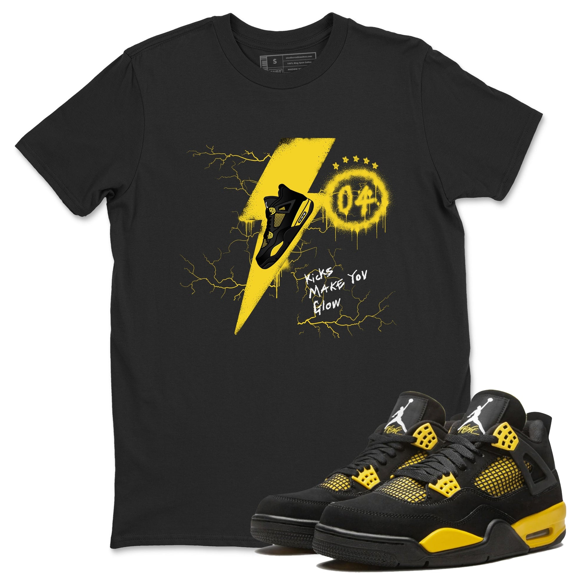 AJ4 Thunder shirts to match jordans Kicks Make You Glow sneaker match tees Air Jordan 4 Thunder SNRT Sneaker Tees streetwear brand Black 1 unisex cotton tee