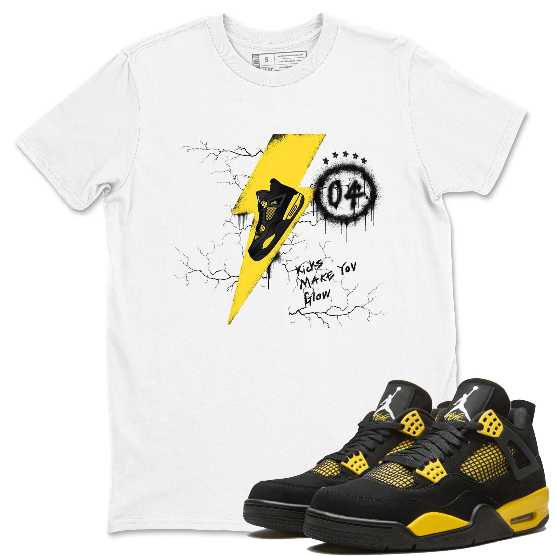 AJ4 Thunder shirts to match jordans Kicks Make You Glow sneaker match tees Air Jordan 4 Thunder SNRT Sneaker Tees streetwear brand White 1 unisex cotton tee