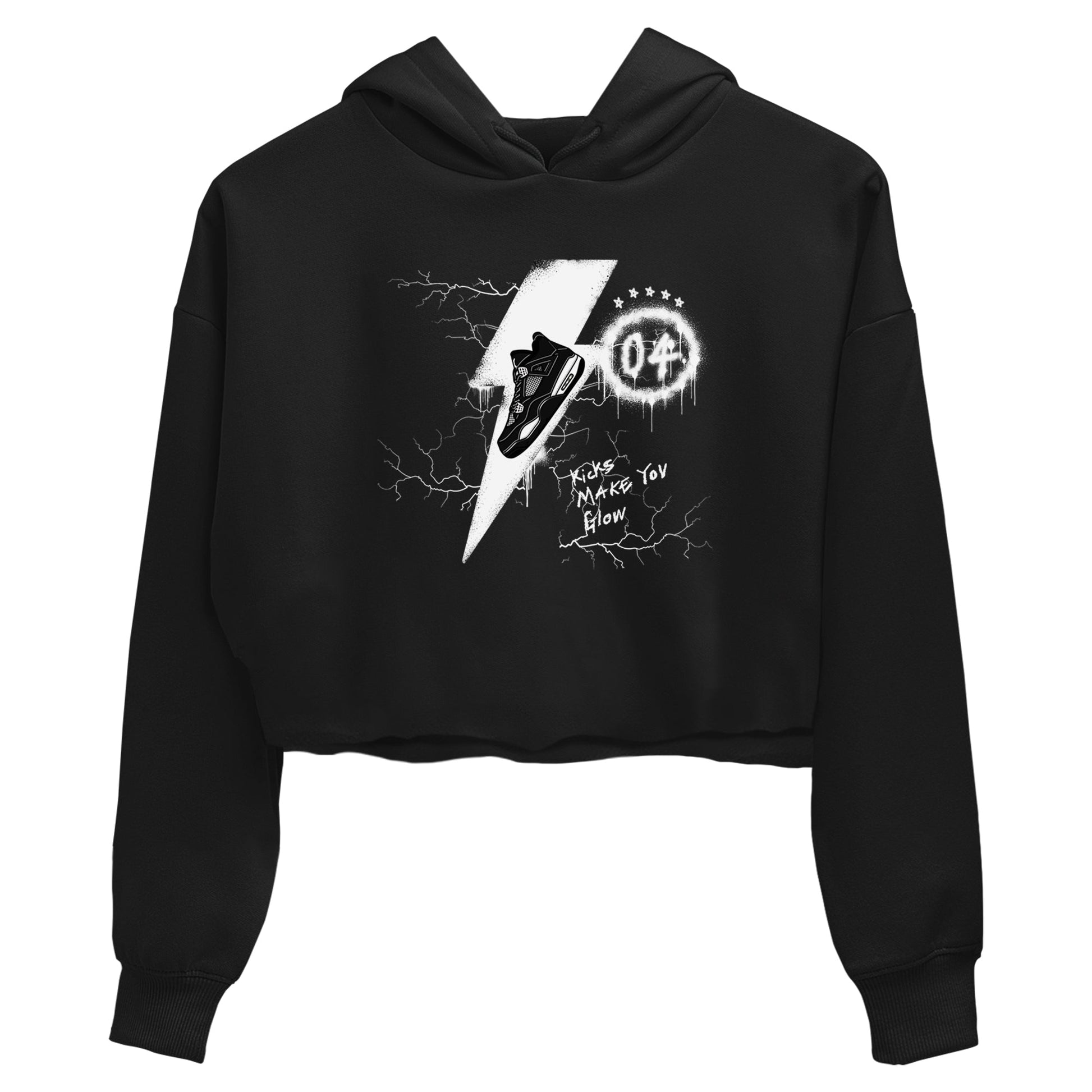 AJ4 White Thunder shirts to match jordans Kicks Make You Glow sneaker match tees Air Jordan 4 White Thunder SNRT Sneaker Tees streetwear brand Black 2 crop tee