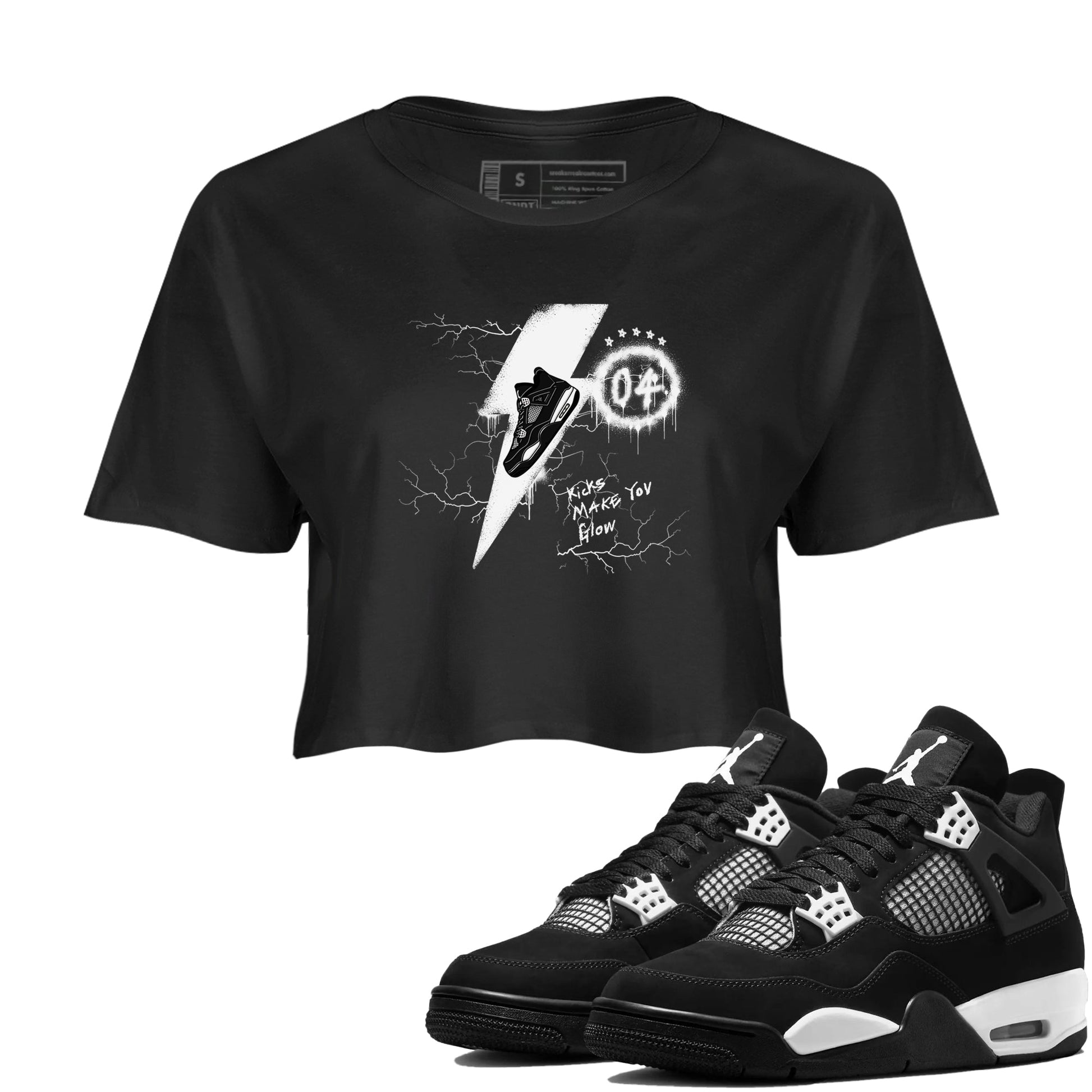 AJ4 White Thunder shirts to match jordans Kicks Make You Glow sneaker match tees Air Jordan 4 White Thunder SNRT Sneaker Tees streetwear brand Black 1 crop tee