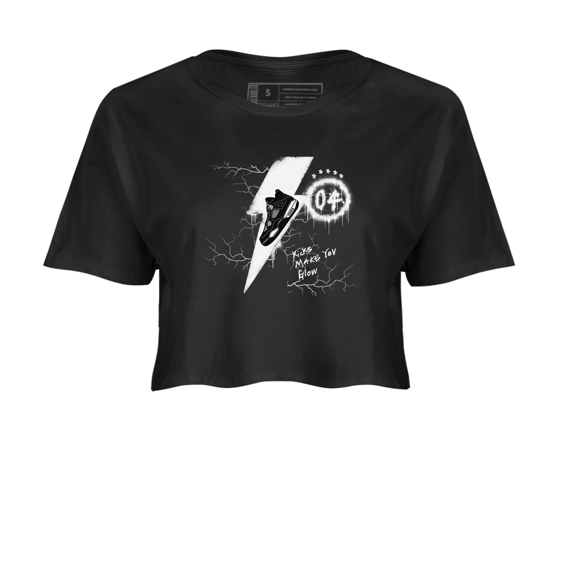 AJ4 White Thunder shirts to match jordans Kicks Make You Glow sneaker match tees Air Jordan 4 White Thunder SNRT Sneaker Tees streetwear brand Black 2 crop tee