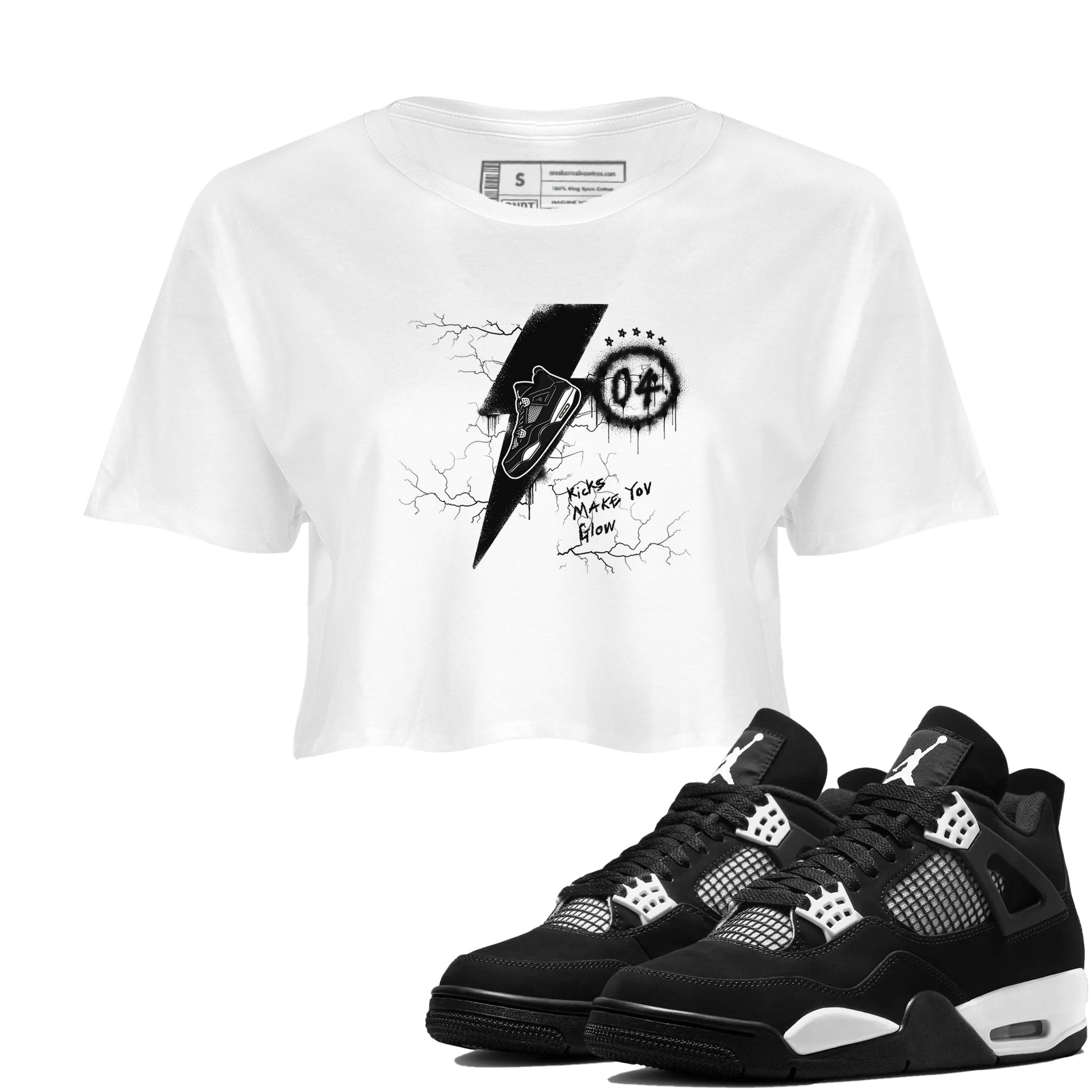 AJ4 White Thunder shirts to match jordans Kicks Make You Glow sneaker match tees Air Jordan 4 White Thunder SNRT Sneaker Tees streetwear brand White 1 crop tee