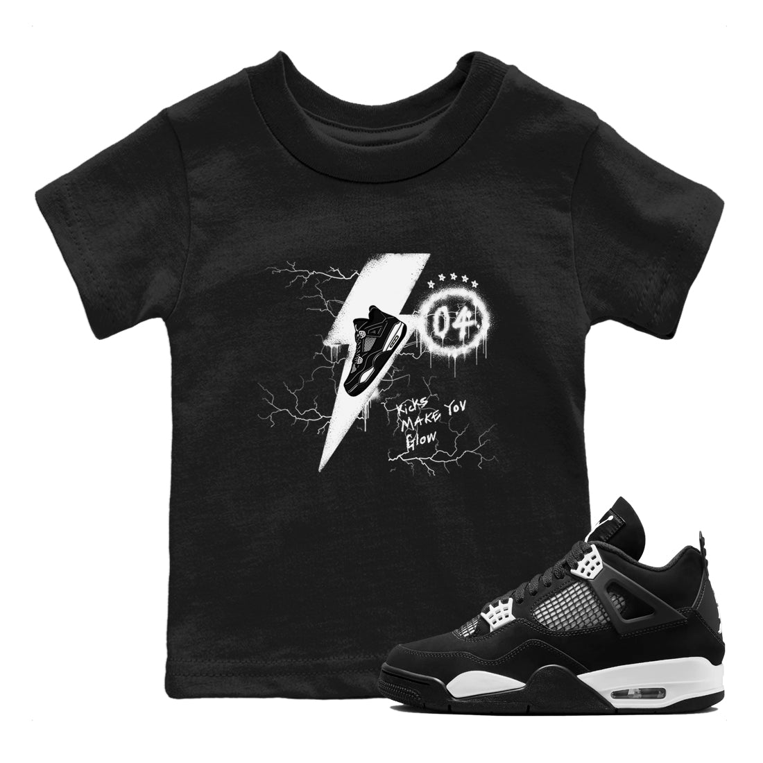 AJ4 White Thunder shirts to match jordans Kicks Make You Glow sneaker match tees Air Jordan 4 White Thunder SNRT Sneaker Tees streetwear brand Baby and Youth Black 1 cotton tee