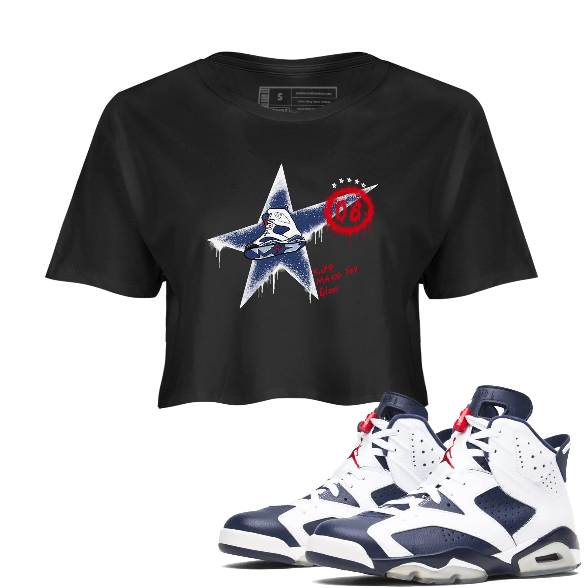 6s Olympic shirt to match jordans Kicks Make You Glow sneaker tees Air Jordan 6 Olympic SNRT Sneaker Release Tees Black 1 crop length shirt