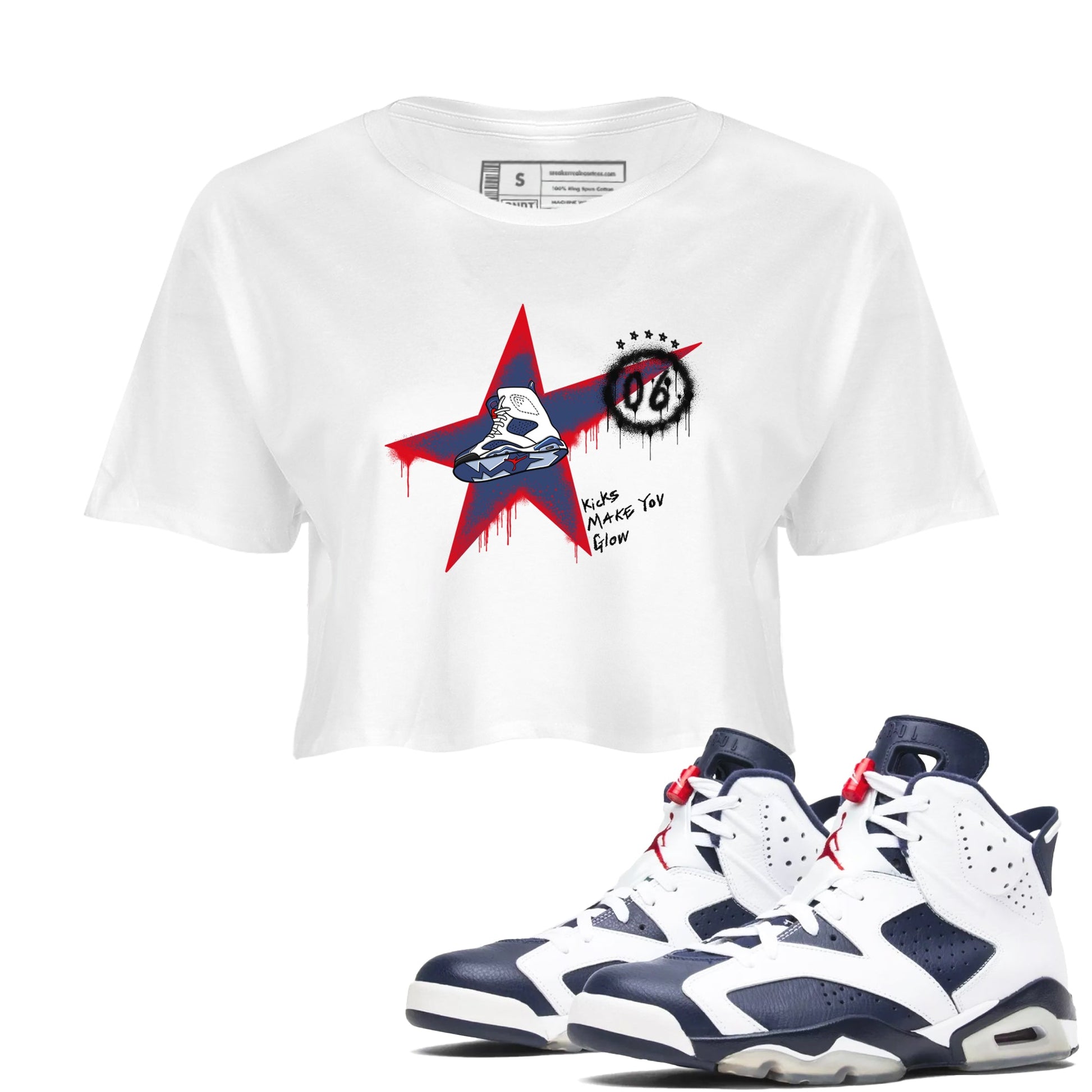 6s Olympic shirt to match jordans Kicks Make You Glow sneaker tees Air Jordan 6 Olympic SNRT Sneaker Release Tees White 1 crop length shirt