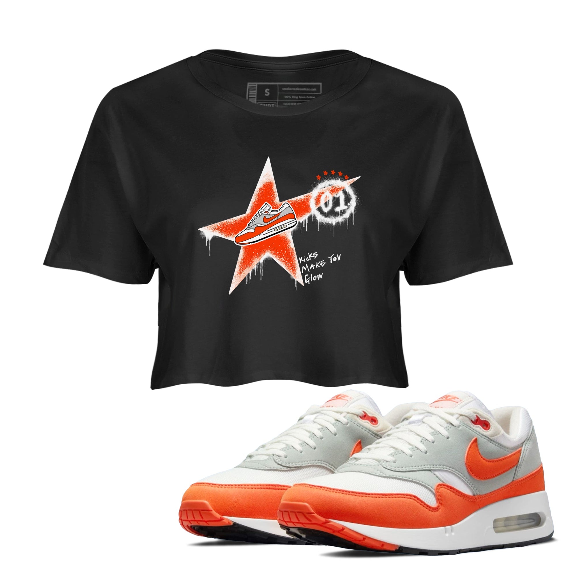 Air Max 1 OG '86 'Summit White and Cosmic Clay shirts to match jordans Kicks Make You Glow sneaker match tees Air Max 1 Cosmic Clay match shoes to clothes SNRT Sneaker Tees unisex cotton Black 1 crop tee